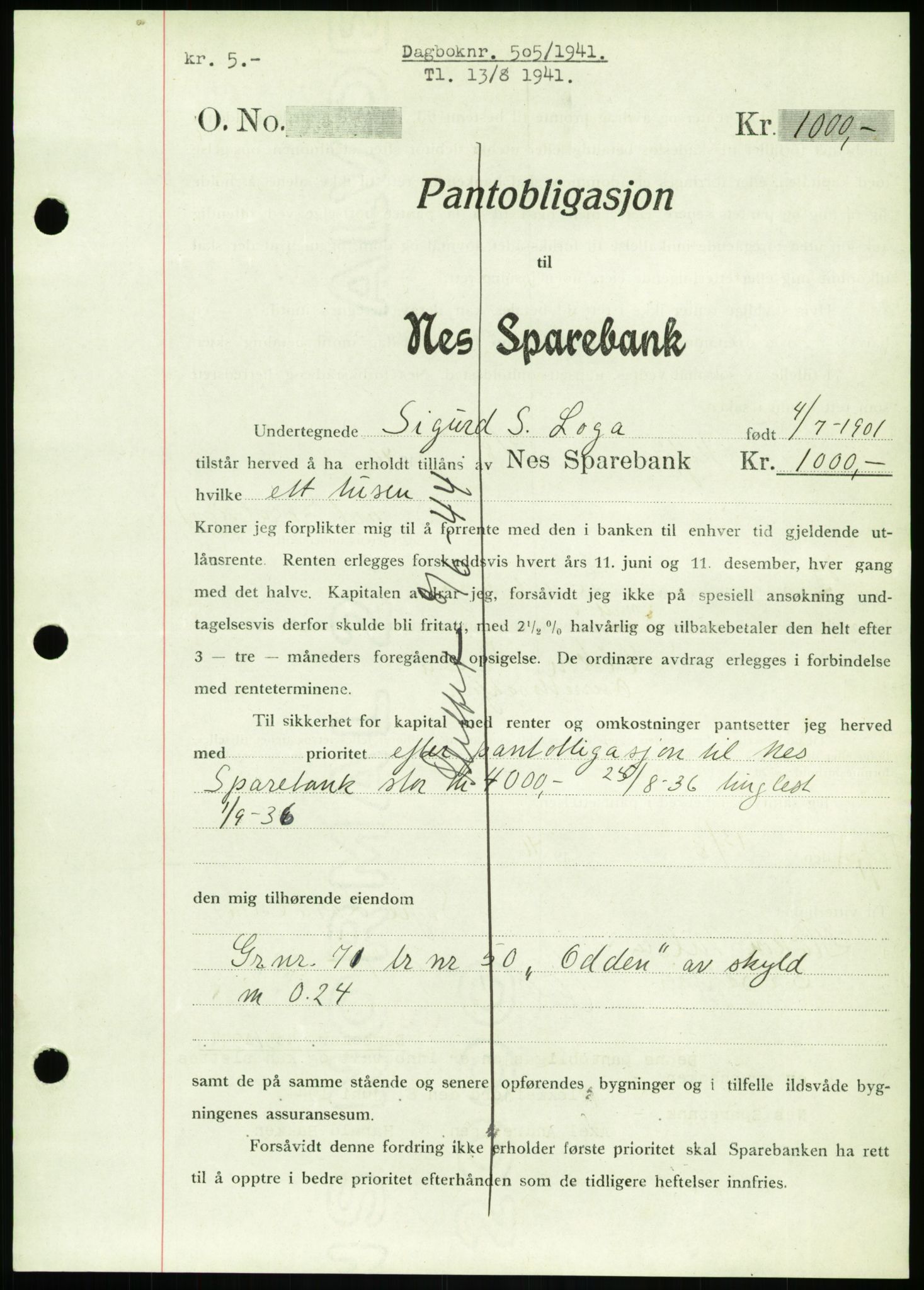 Flekkefjord sorenskriveri, AV/SAK-1221-0001/G/Gb/Gbb/L0003: Mortgage book no. B 3, 1940-1944, Diary no: : 505/1941