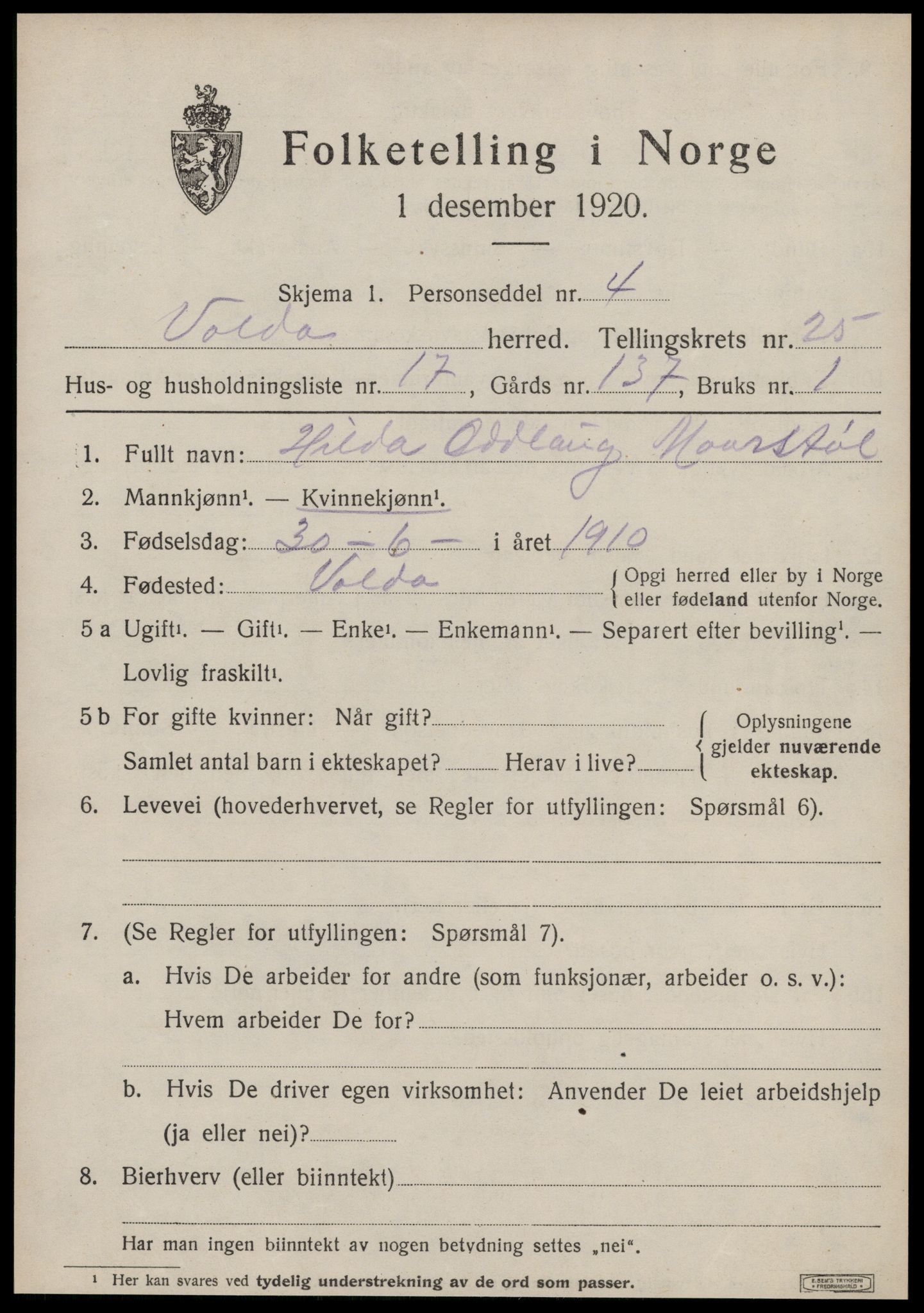 SAT, 1920 census for Volda, 1920, p. 12348