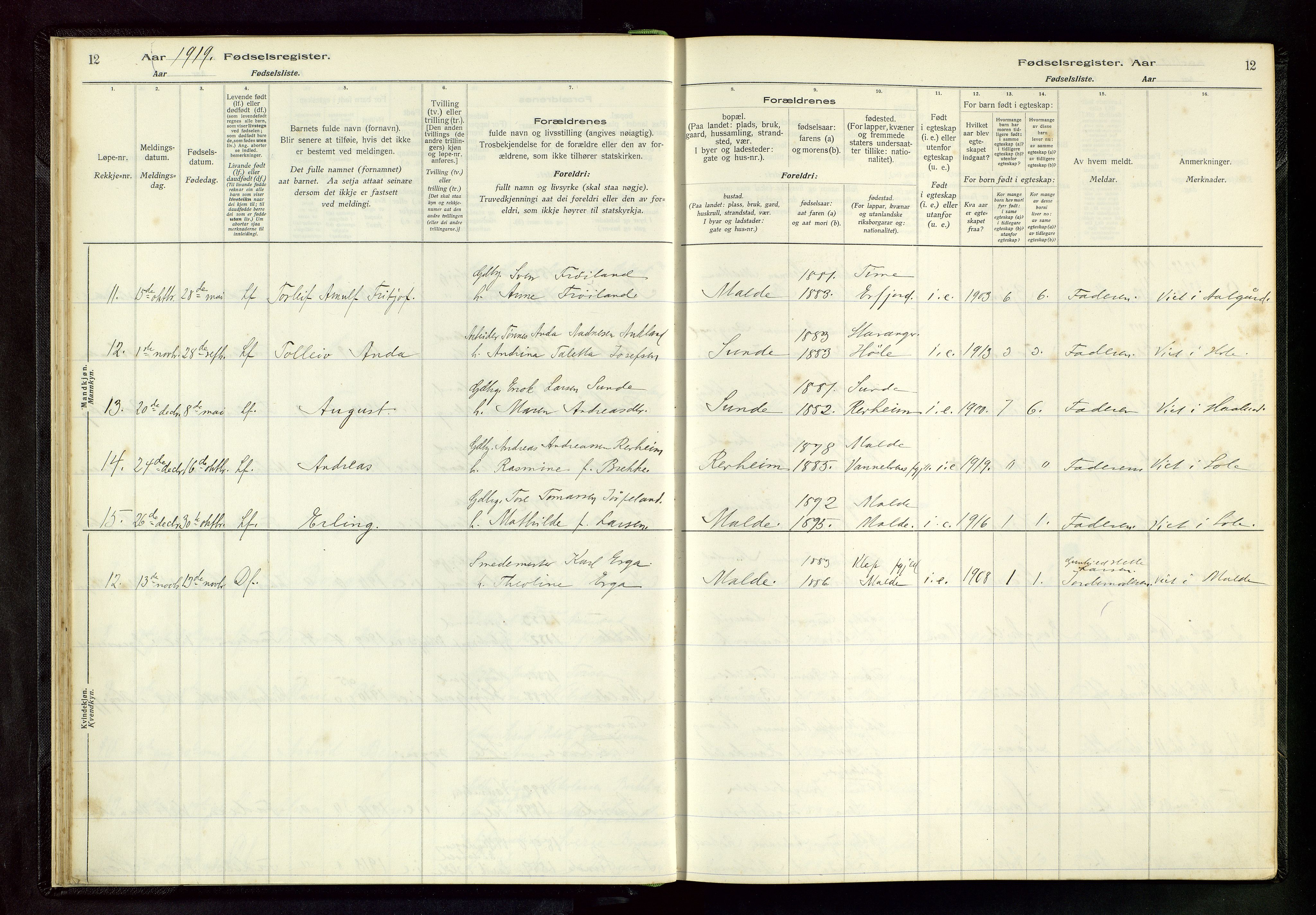 Håland sokneprestkontor, AV/SAST-A-101802/002/A/L0005: Birth register no. 5, 1916-1957, p. 12