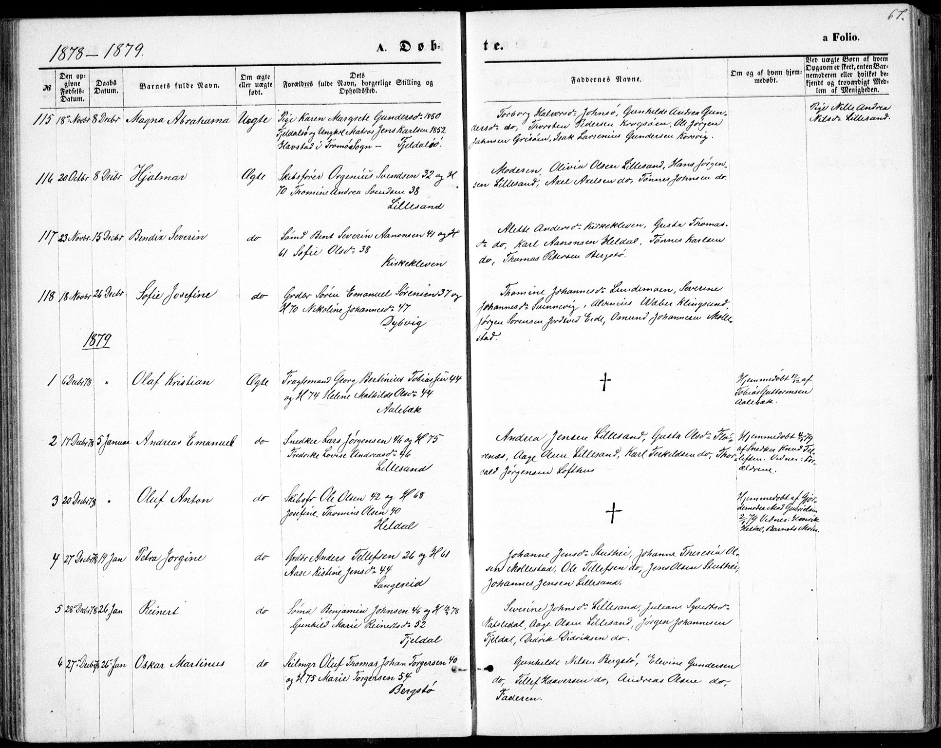 Vestre Moland sokneprestkontor, SAK/1111-0046/F/Fb/Fbb/L0005: Parish register (copy) no. B 5, 1872-1883, p. 67