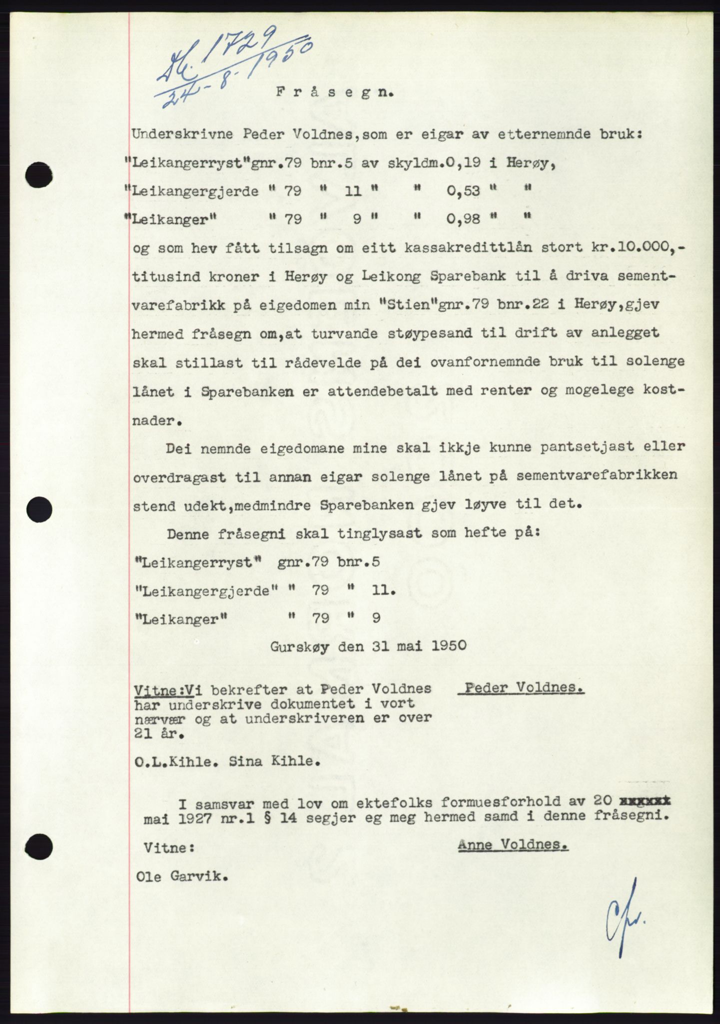 Søre Sunnmøre sorenskriveri, AV/SAT-A-4122/1/2/2C/L0087: Mortgage book no. 13A, 1950-1950, Diary no: : 1729/1950