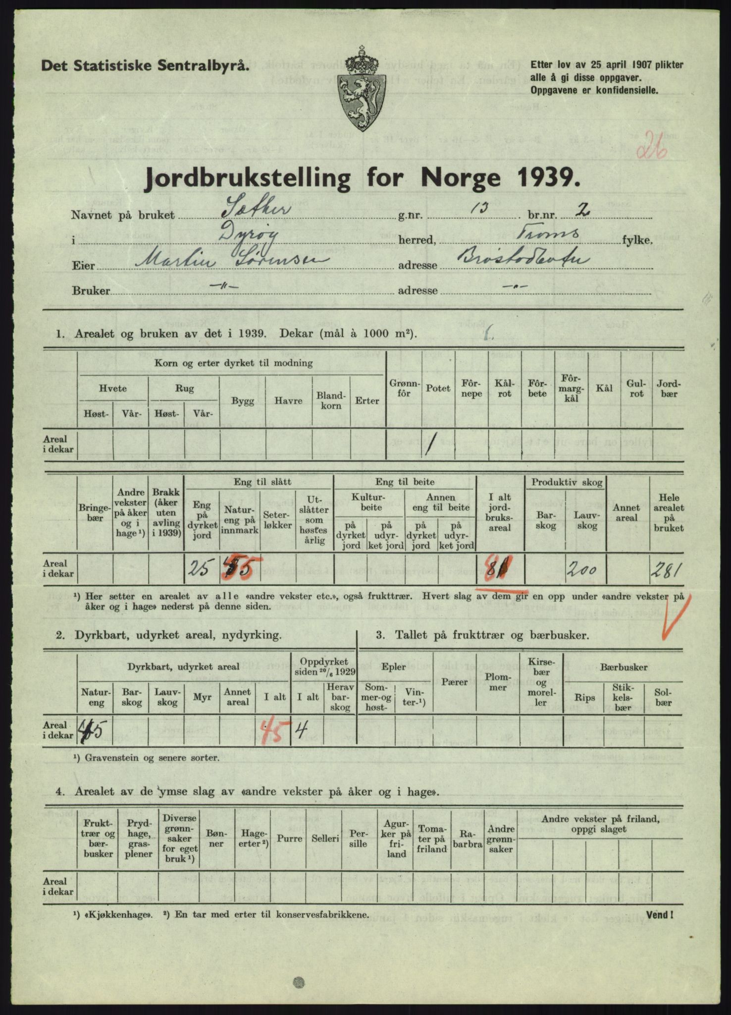 Statistisk sentralbyrå, Næringsøkonomiske emner, Jordbruk, skogbruk, jakt, fiske og fangst, AV/RA-S-2234/G/Gb/L0340: Troms: Salangen og Dyrøy, 1939, p. 1543