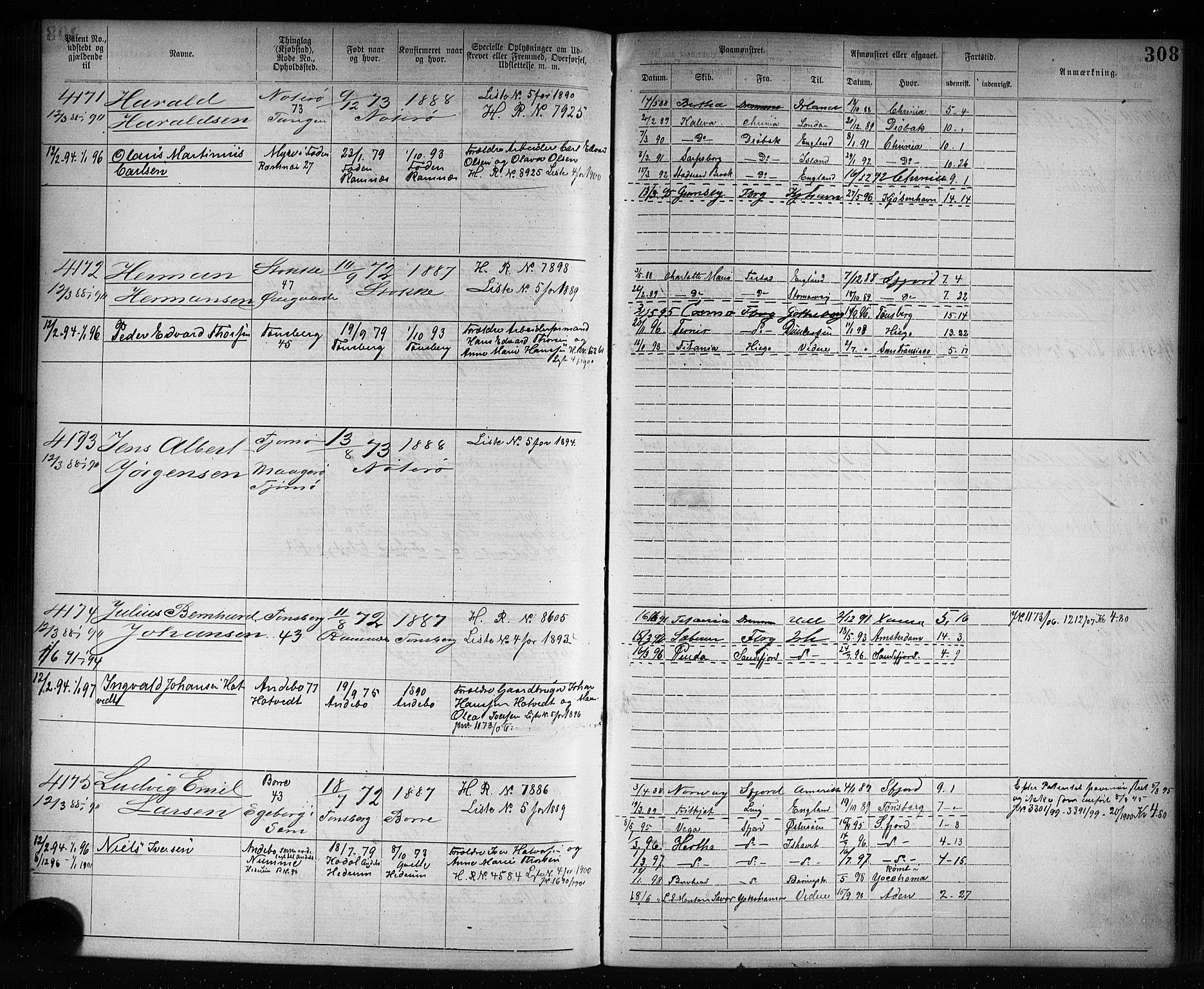 Tønsberg innrulleringskontor, AV/SAKO-A-786/F/Fb/L0007: Annotasjonsrulle Patent nr. 2636-5150, 1881-1892, p. 309