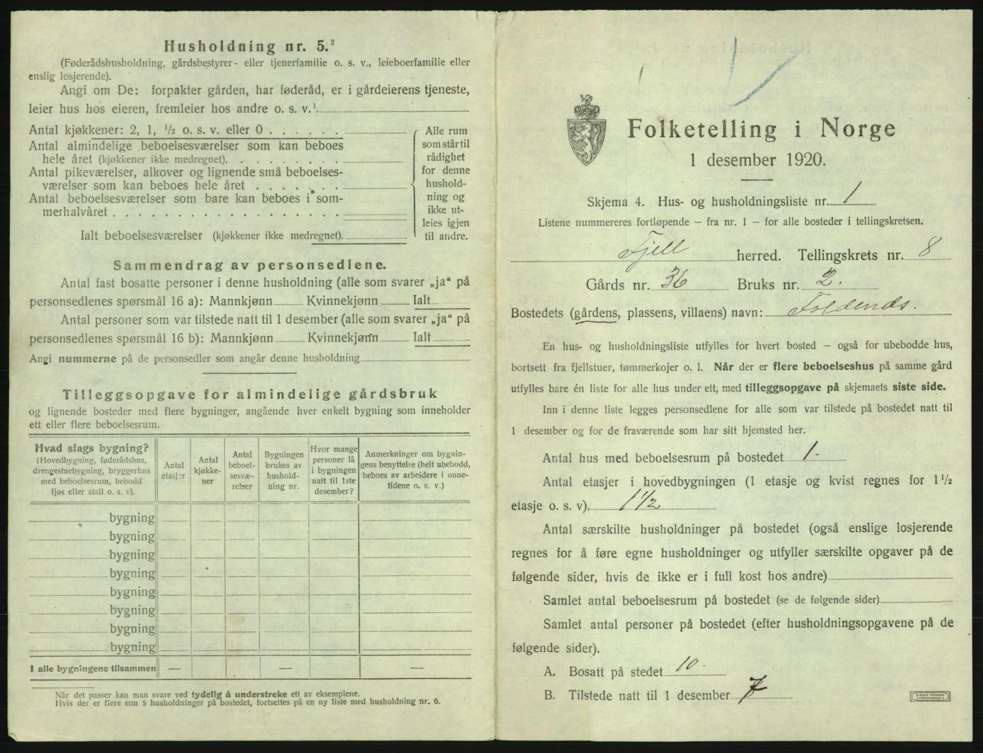 SAB, 1920 census for Fjell, 1920, p. 888