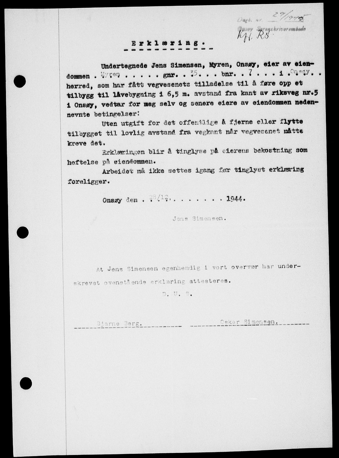 Onsøy sorenskriveri, SAO/A-10474/G/Ga/Gab/L0014: Mortgage book no. II A-14, 1944-1945, Diary no: : 29/1945