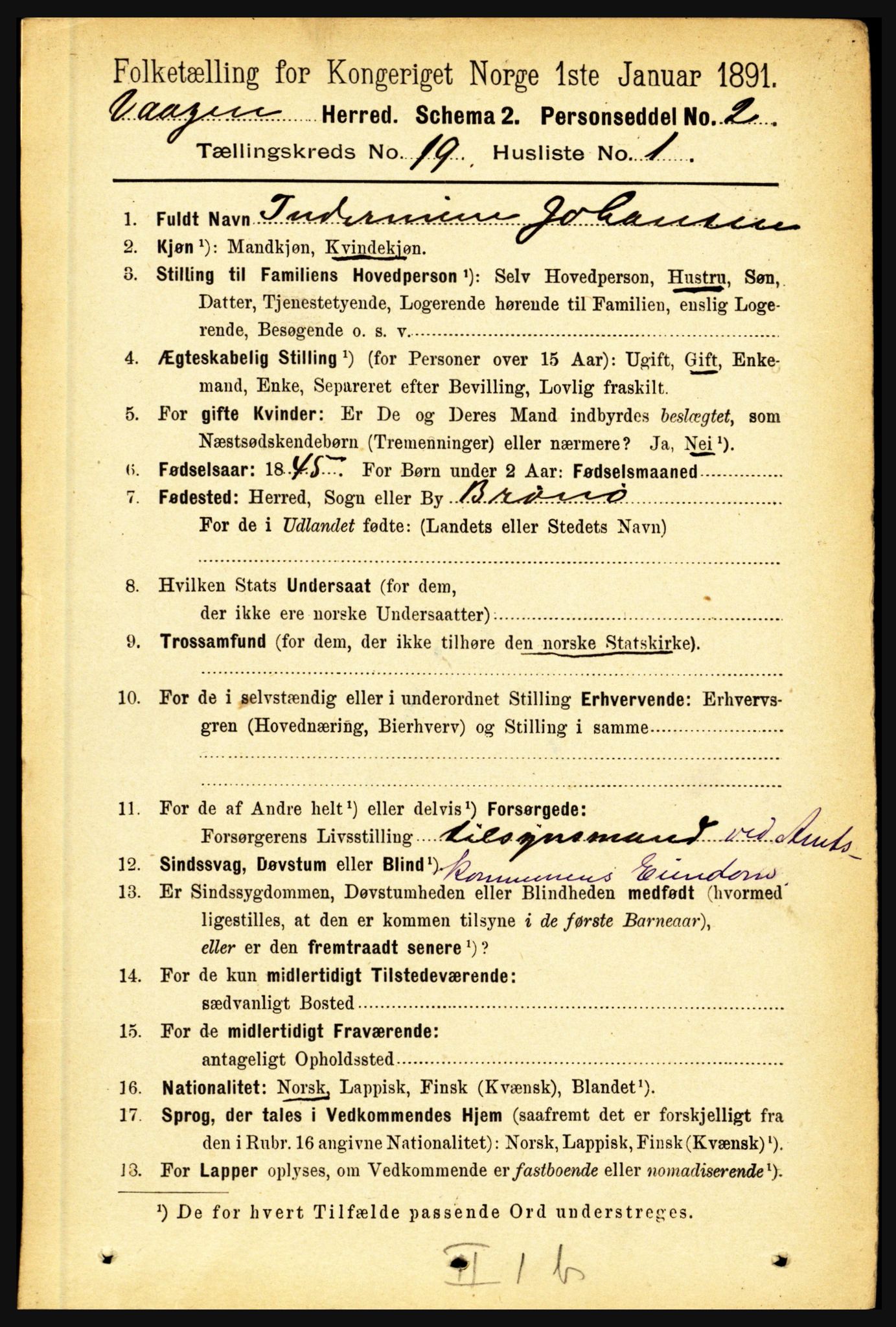 RA, 1891 census for 1865 Vågan, 1891, p. 5506