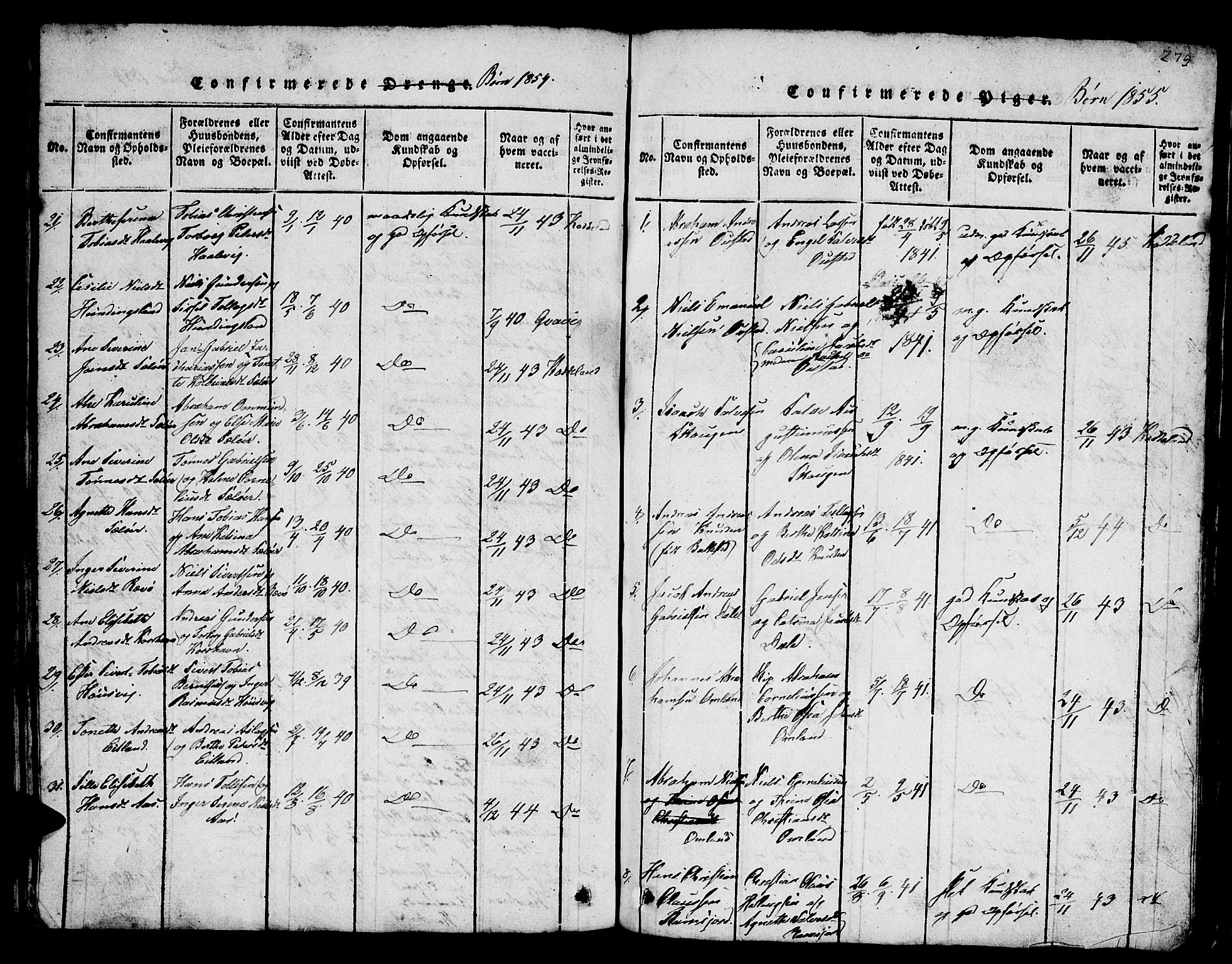 Lyngdal sokneprestkontor, SAK/1111-0029/F/Fb/Fba/L0001: Parish register (copy) no. B 1, 1816-1876, p. 279