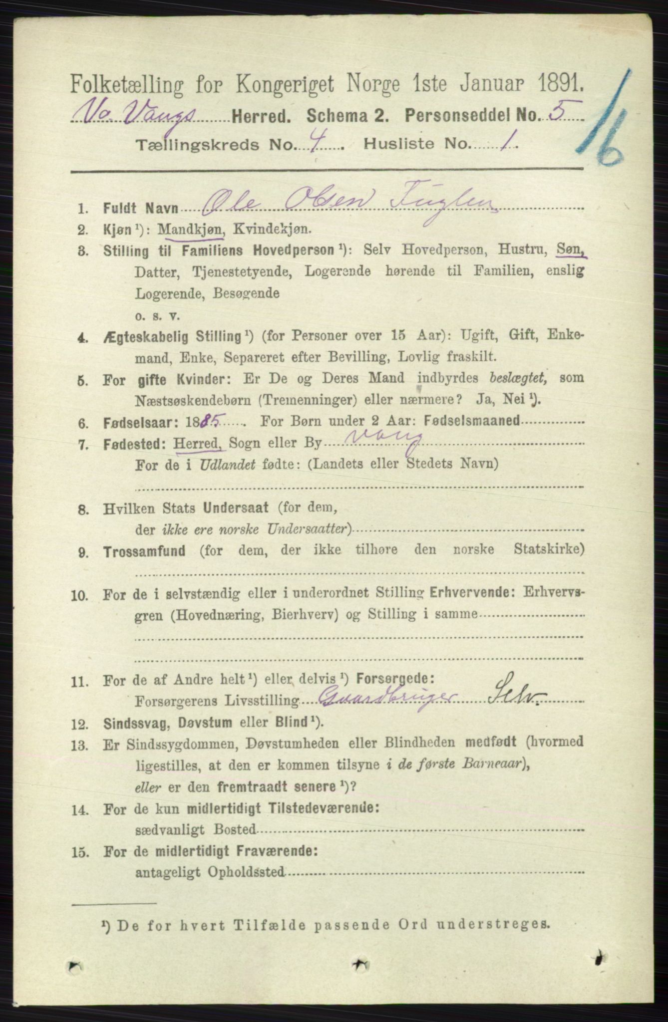 RA, 1891 census for 0545 Vang, 1891, p. 898