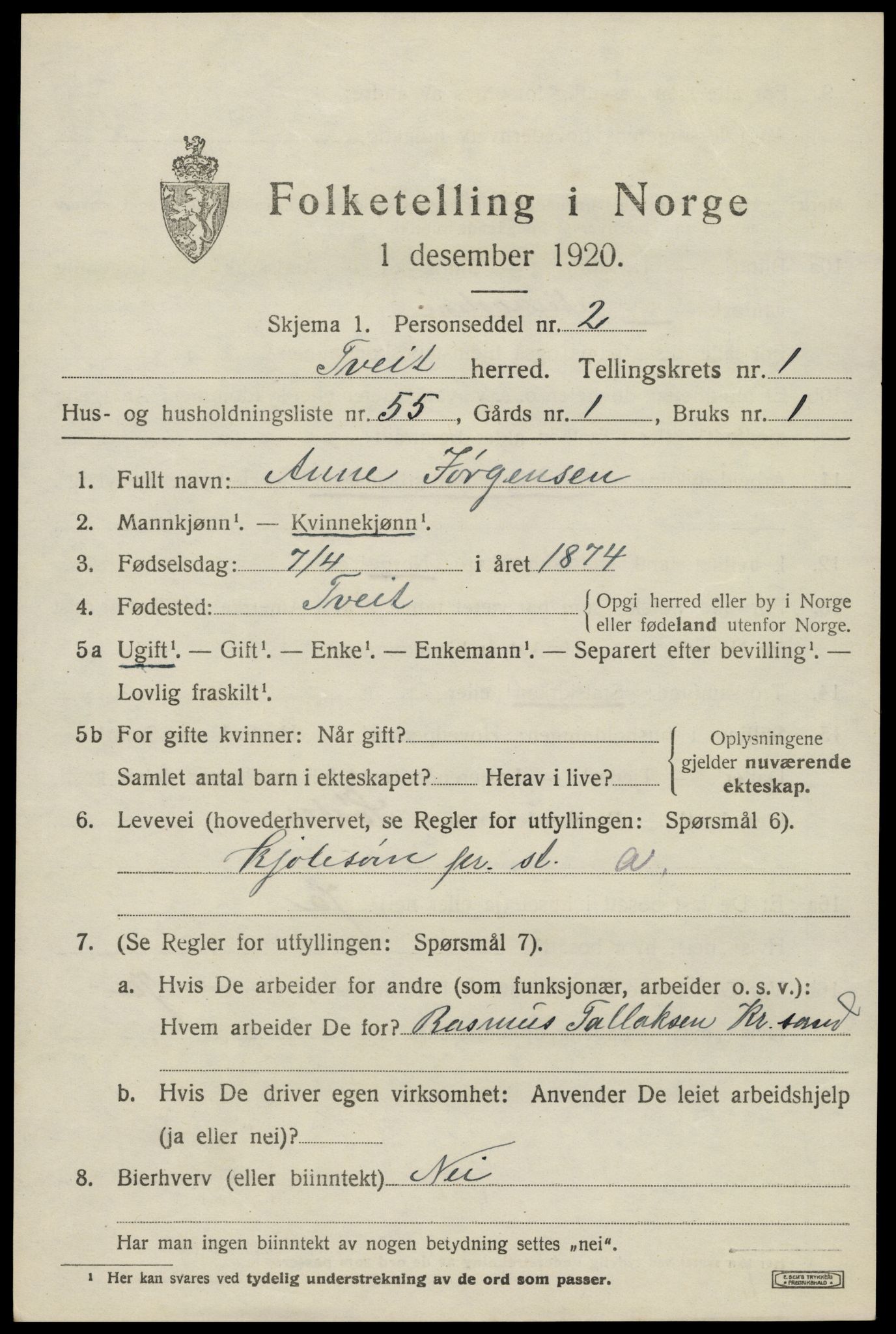 SAK, 1920 census for Tveit, 1920, p. 1224