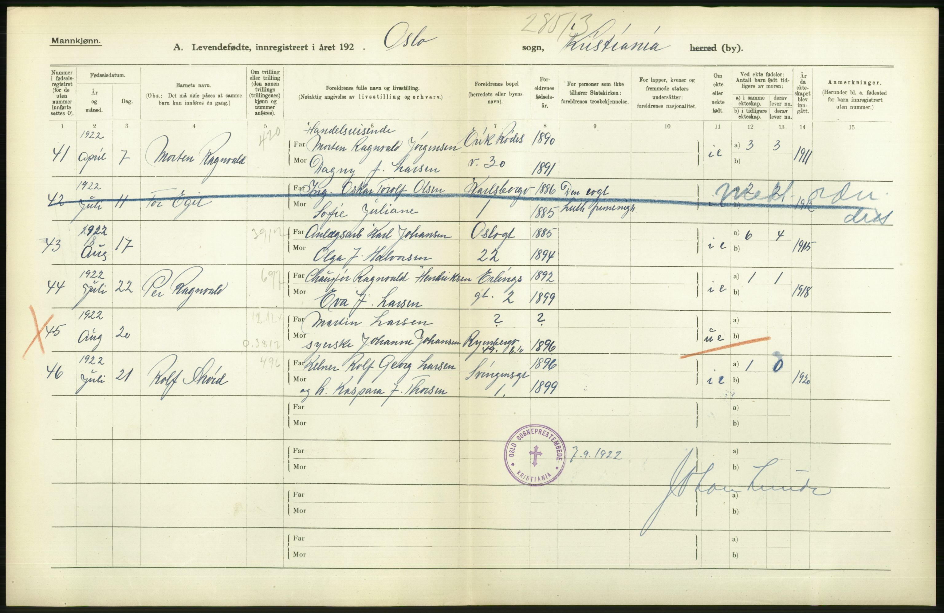 Statistisk sentralbyrå, Sosiodemografiske emner, Befolkning, AV/RA-S-2228/D/Df/Dfc/Dfcb/L0007: Kristiania: Levendefødte menn og kvinner., 1922, p. 16