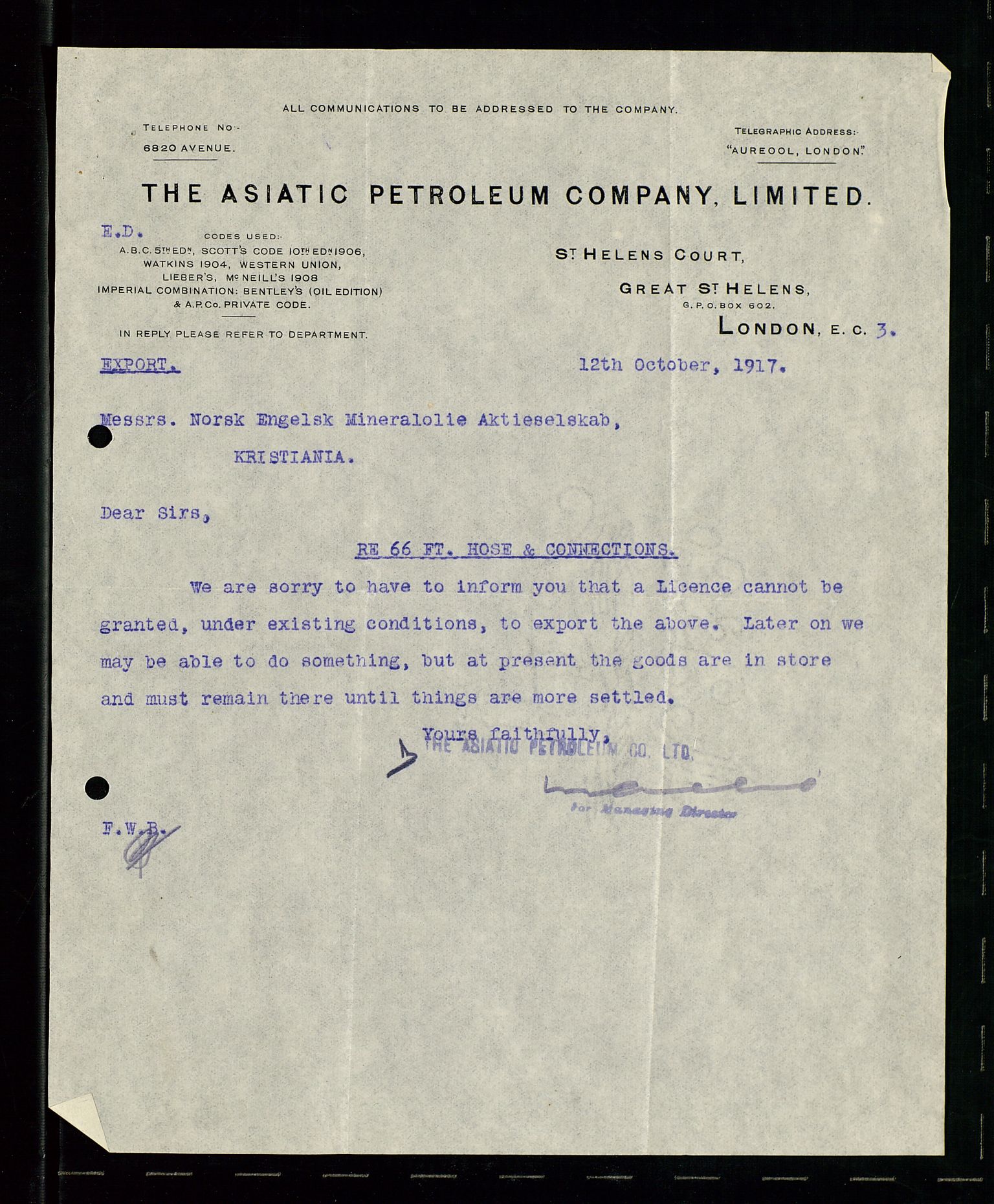 Pa 1521 - A/S Norske Shell, AV/SAST-A-101915/E/Ea/Eaa/L0001: Sjefskorrespondanse, 1917, p. 83