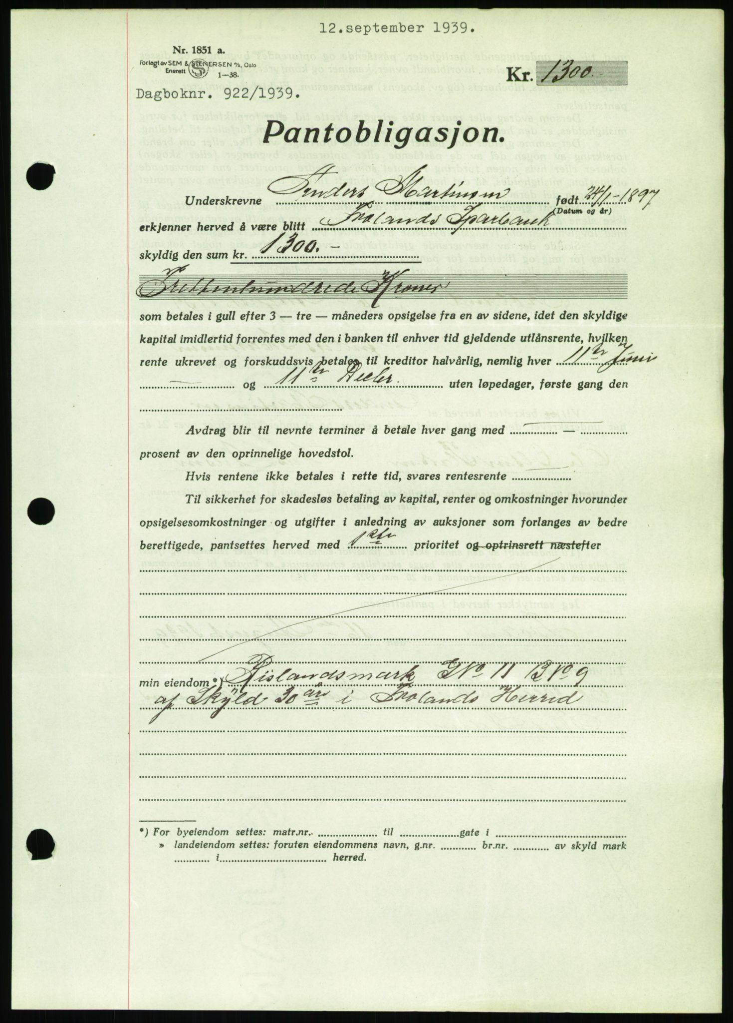Nedenes sorenskriveri, SAK/1221-0006/G/Gb/Gbb/L0001: Mortgage book no. I, 1939-1942, Diary no: : 922/1939