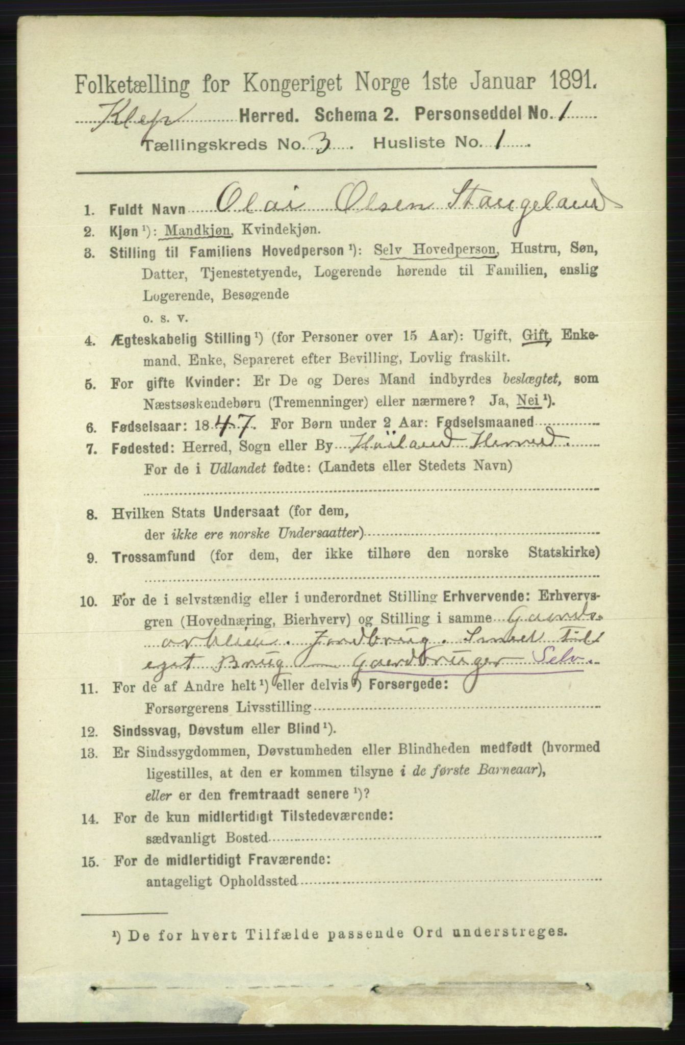 RA, 1891 census for 1120 Klepp, 1891, p. 641