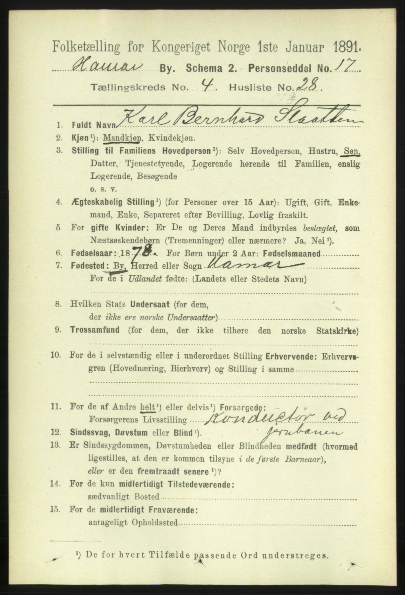 RA, 1891 census for 0401 Hamar, 1891, p. 3334