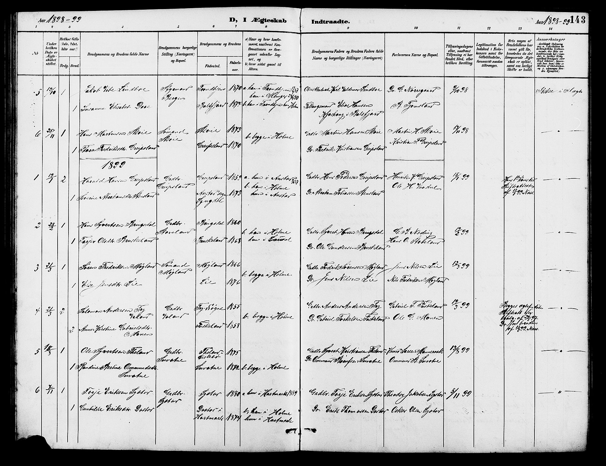 Holum sokneprestkontor, SAK/1111-0022/F/Fb/Fba/L0005: Parish register (copy) no. B 5, 1891-1909, p. 143