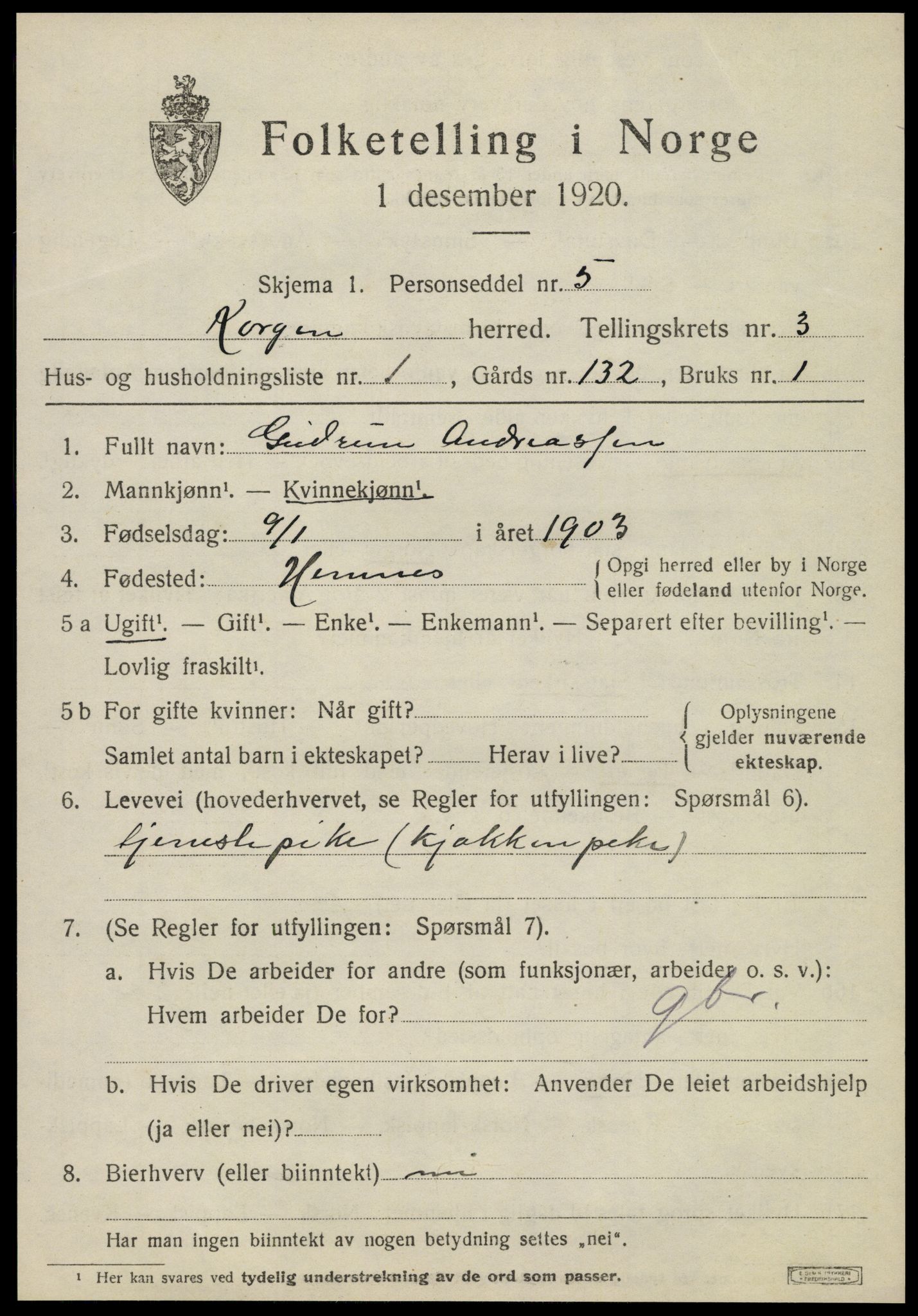 SAT, 1920 census for Korgen, 1920, p. 1368