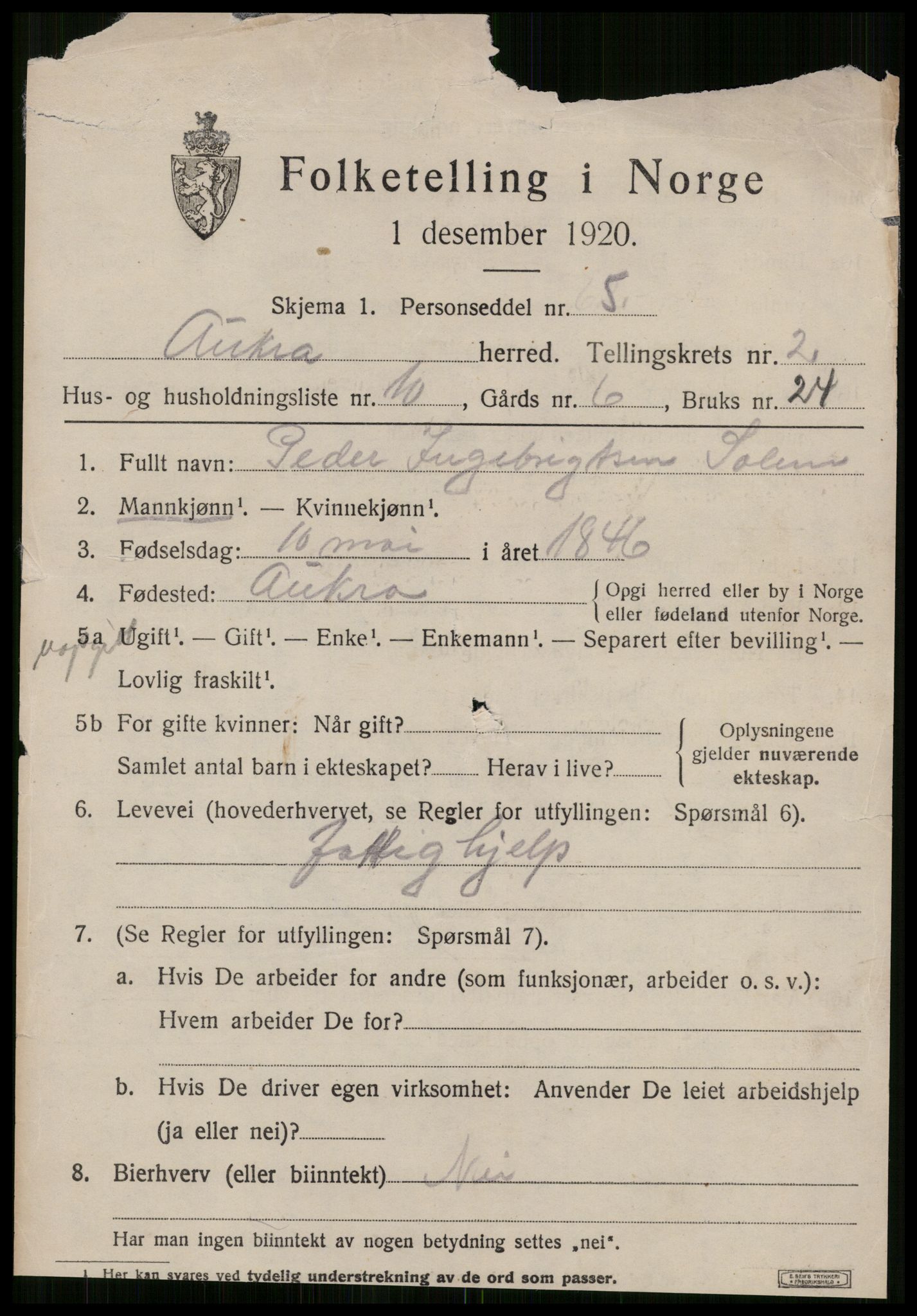 SAT, 1920 census for Aukra, 1920, p. 1737