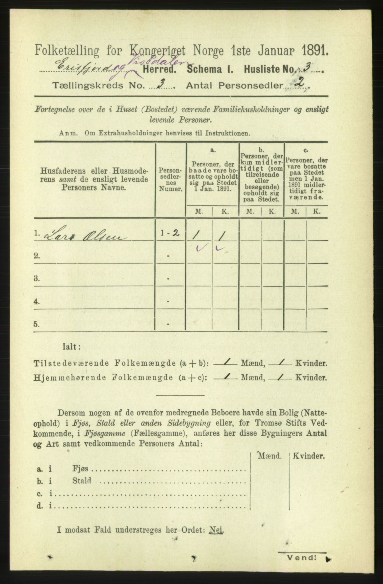 RA, 1891 census for 1542 Eresfjord og Vistdal, 1891, p. 599