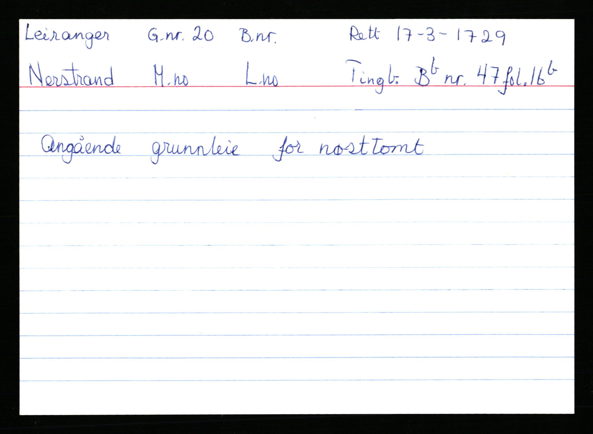 Statsarkivet i Stavanger, AV/SAST-A-101971/03/Y/Ym/L0035: Åstedskort sortert etter gårdsnavn: Leiranger - Lindanger, 1600-1950, p. 36
