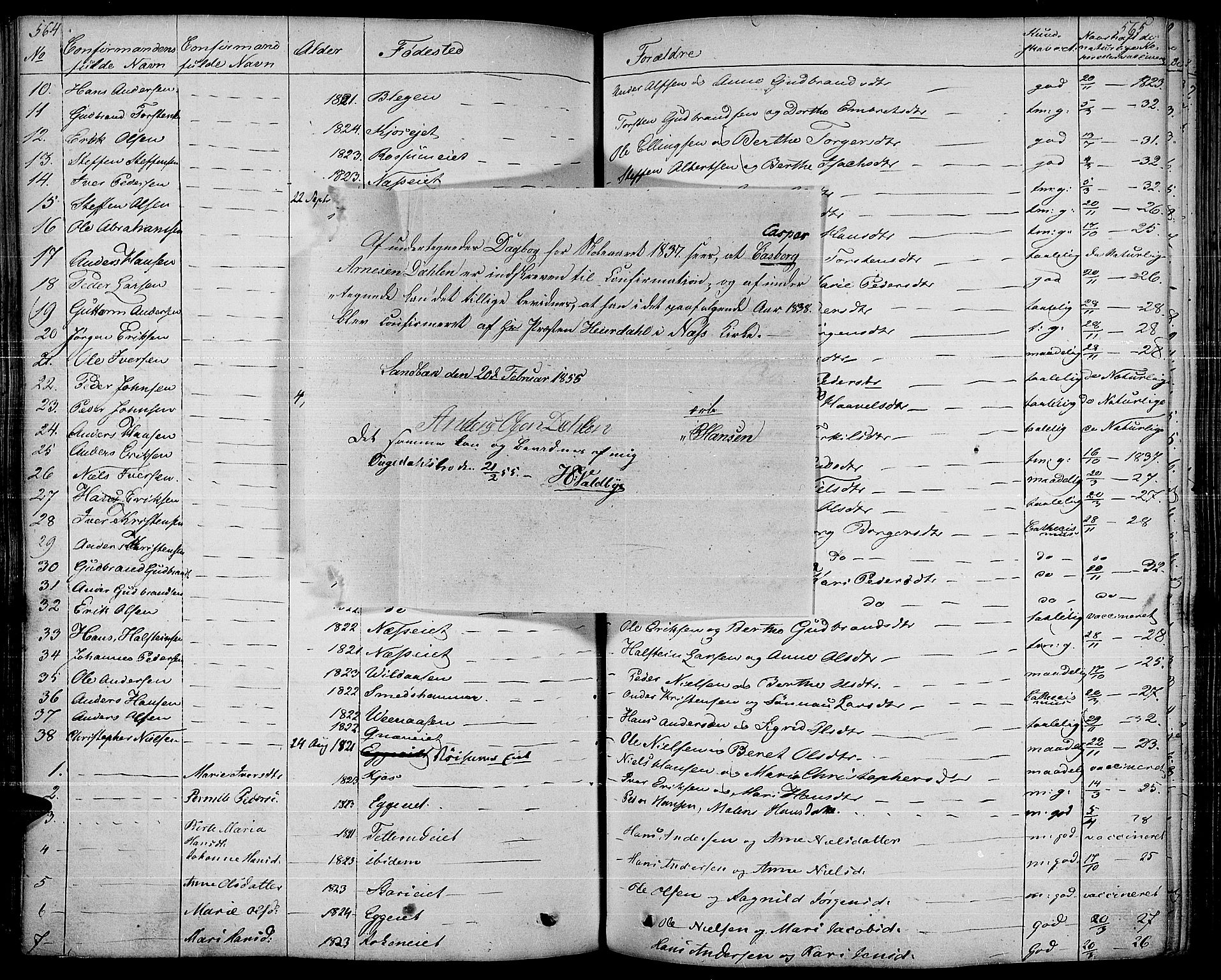 Gran prestekontor, AV/SAH-PREST-112/H/Ha/Haa/L0010: Parish register (official) no. 10, 1824-1842, p. 564-565