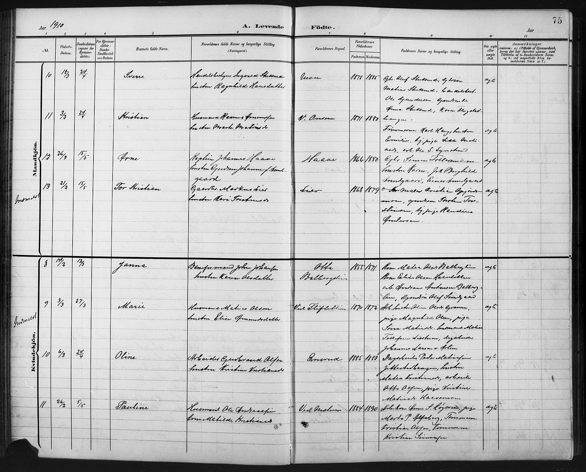 Fåberg prestekontor, AV/SAH-PREST-086/H/Ha/Hab/L0011: Parish register (copy) no. 11, 1901-1921, p. 75