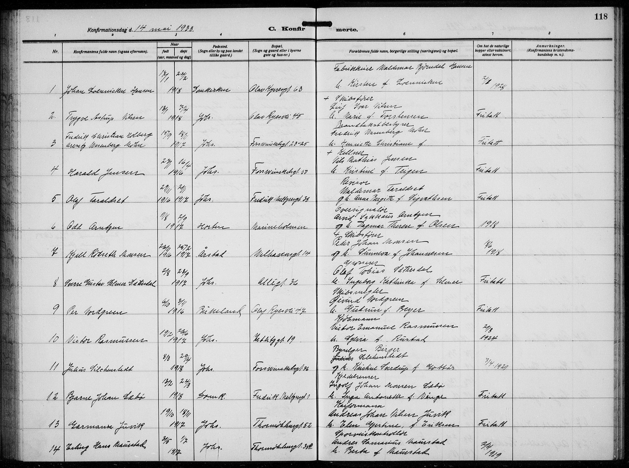 Johanneskirken sokneprestembete, SAB/A-76001/H/Hab: Parish register (copy) no. B  3, 1925-1935, p. 117b-118a