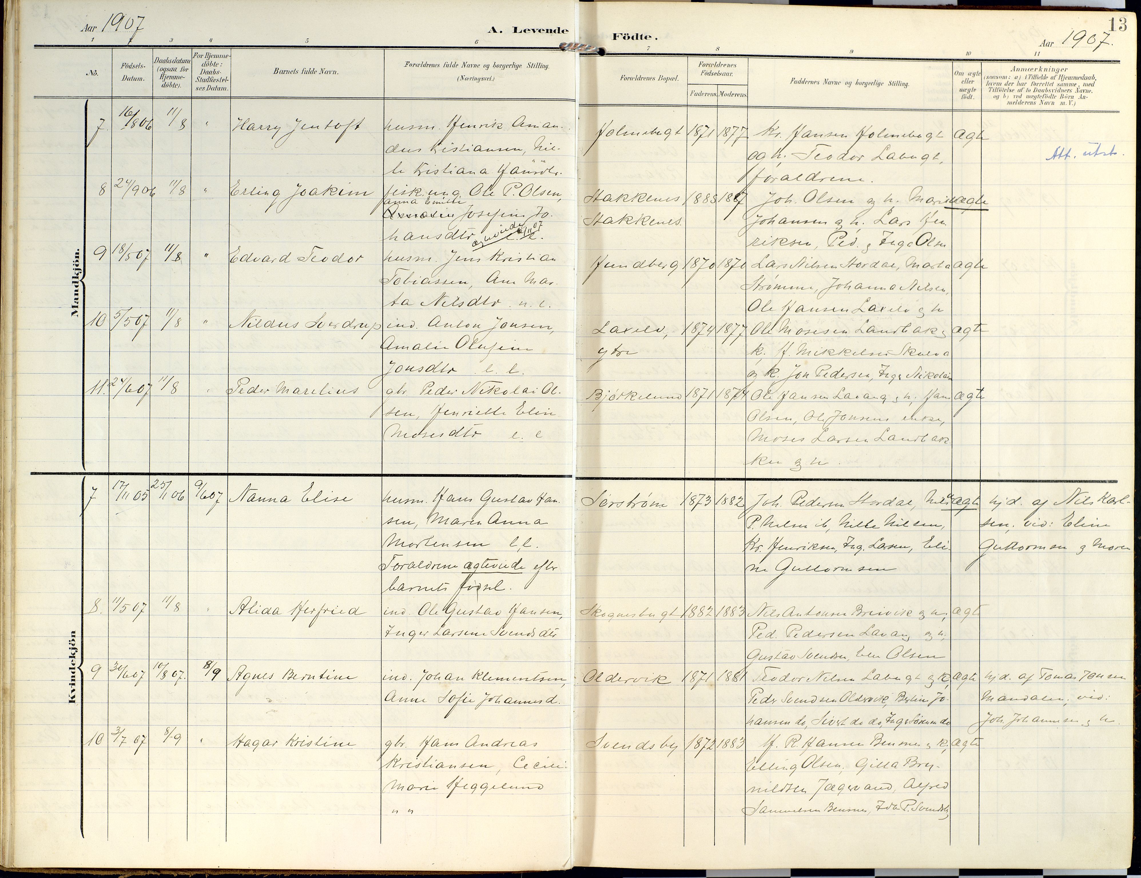 Lyngen sokneprestembete, AV/SATØ-S-1289/H/He/Hea/L0014kirke: Parish register (official) no. 14, 1905-1920, p. 13