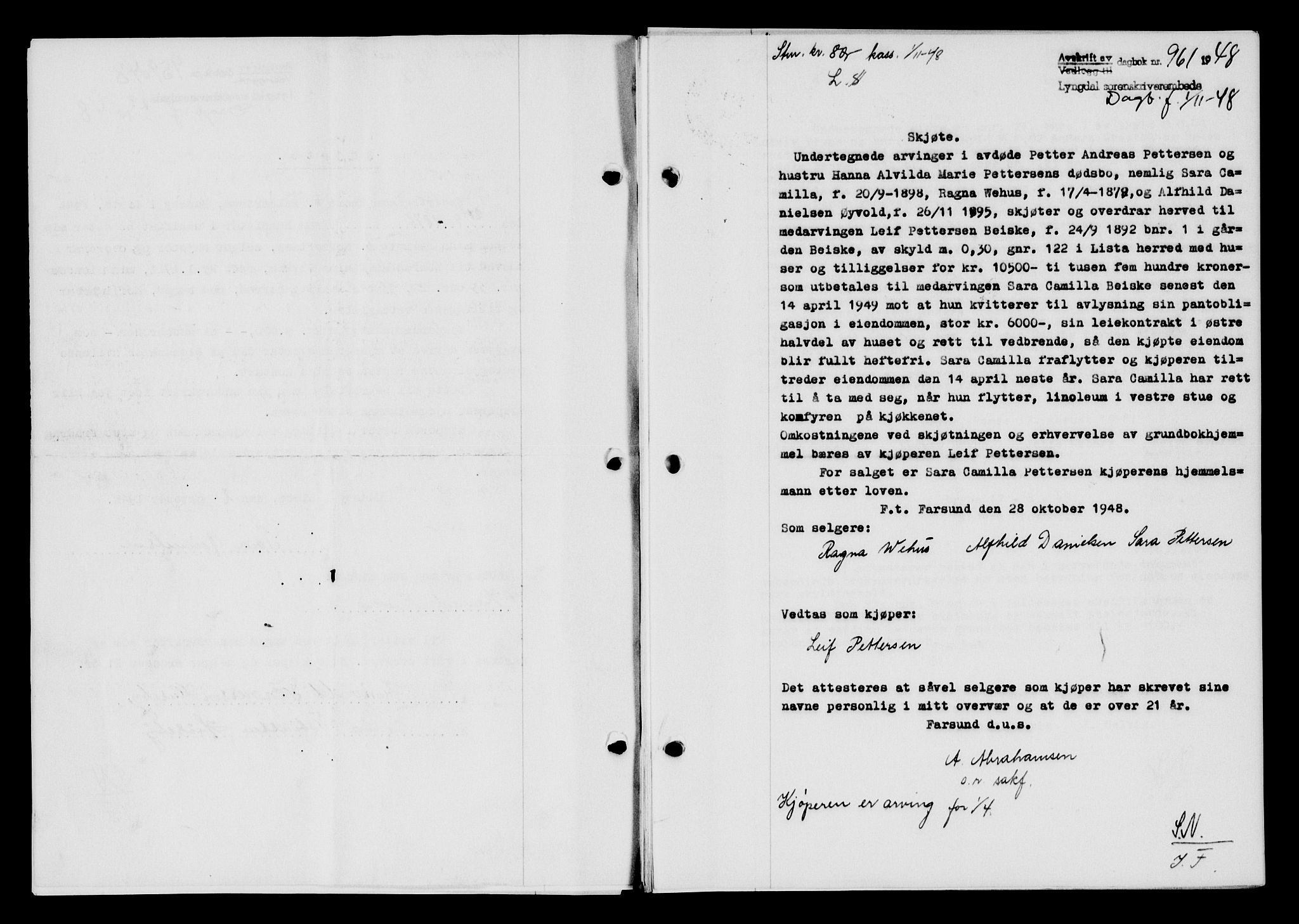 Lyngdal sorenskriveri, AV/SAK-1221-0004/G/Gb/L0663: Mortgage book no. A IX, 1948-1949, Diary no: : 961/1948