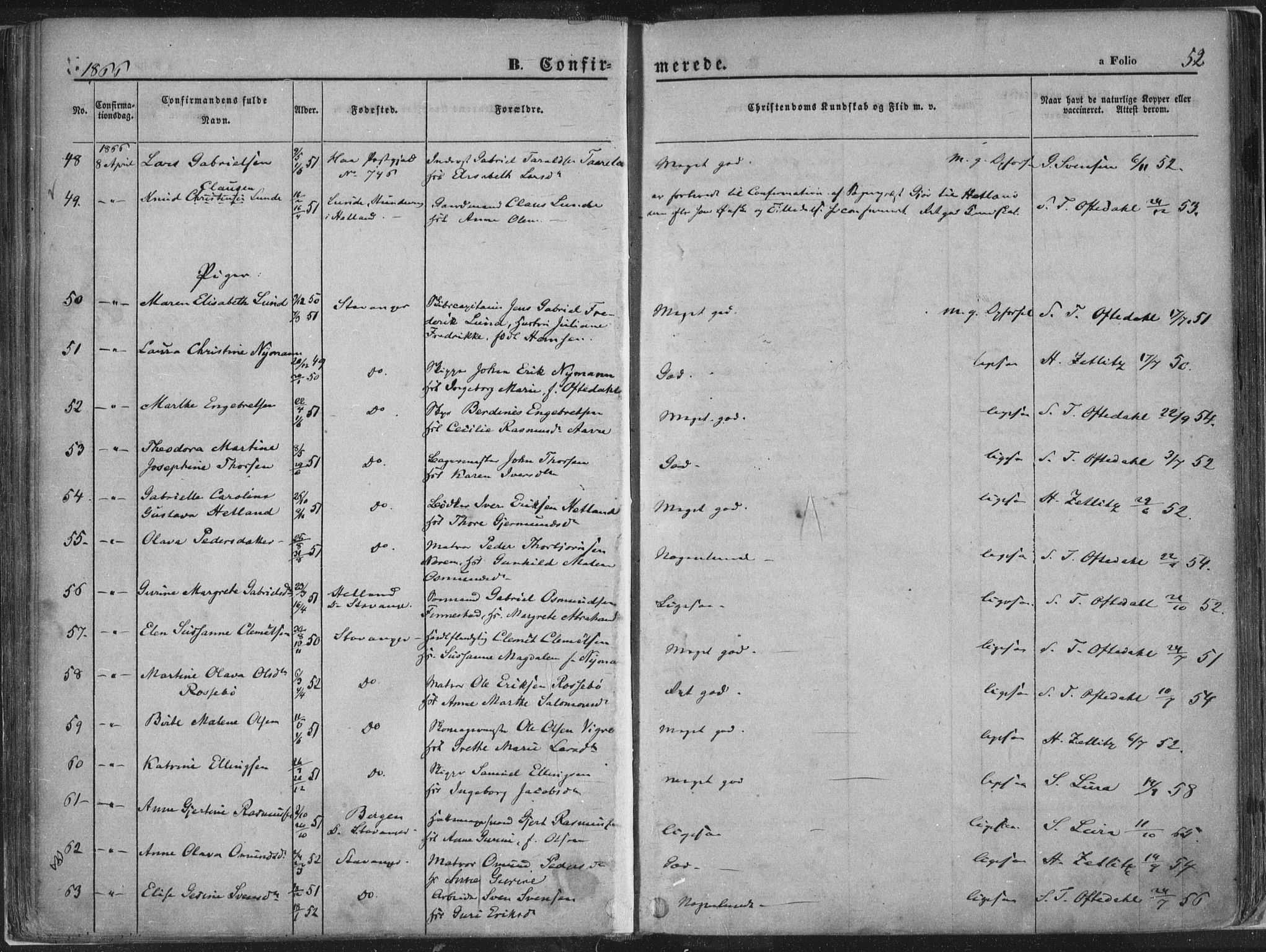 Domkirken sokneprestkontor, AV/SAST-A-101812/001/30/30BA/L0018: Parish register (official) no. A 17, 1857-1877, p. 52
