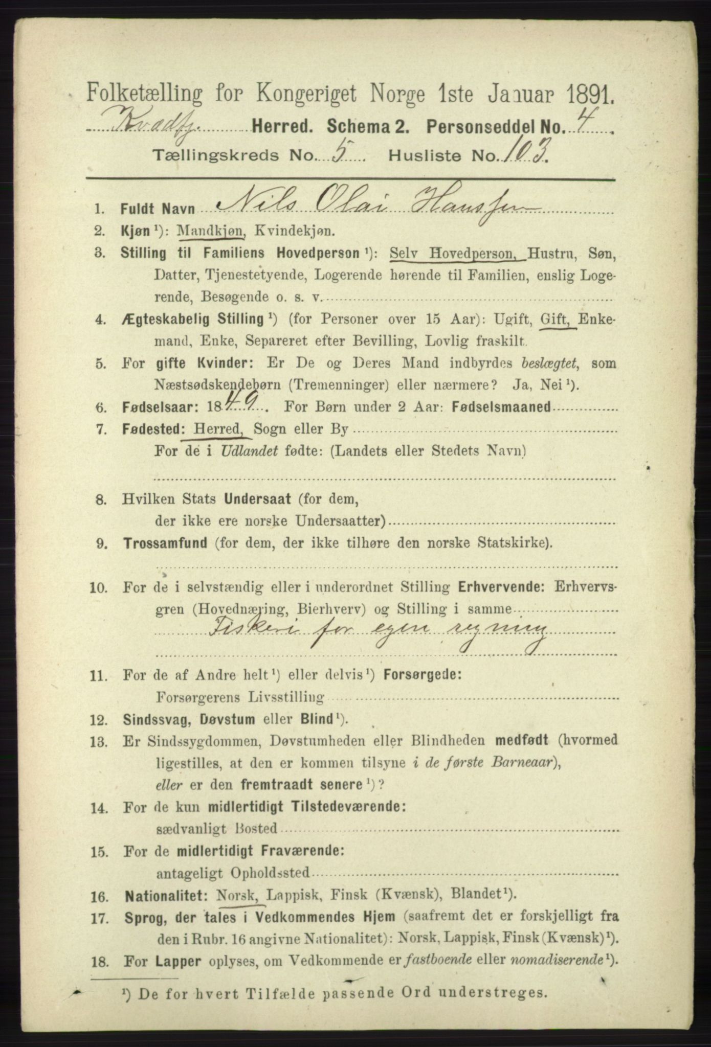 RA, 1891 census for 1911 Kvæfjord, 1891, p. 3491