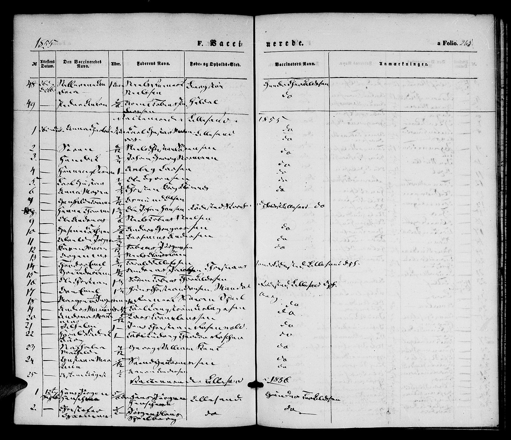 Vestre Moland sokneprestkontor, SAK/1111-0046/F/Fa/Fab/L0006: Parish register (official) no. A 6, 1850-1858, p. 265