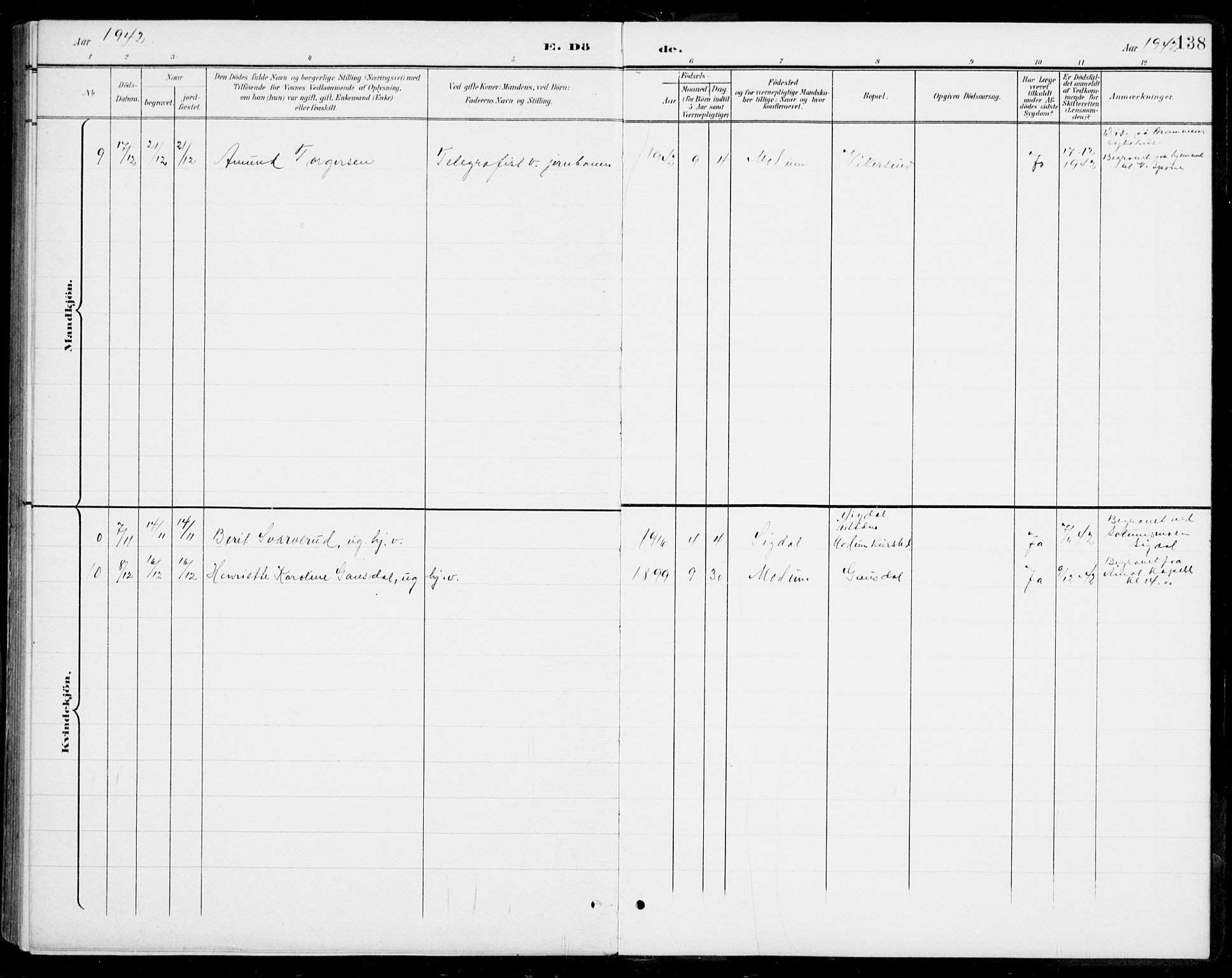 Modum kirkebøker, AV/SAKO-A-234/G/Gb/L0001: Parish register (copy) no. II 1, 1901-1942, p. 138