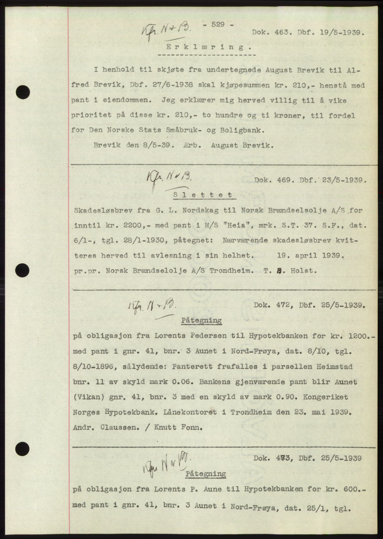 Hitra sorenskriveri, AV/SAT-A-0018/2/2C/2Ca: Mortgage book no. C1, 1936-1945, Diary no: : 463/1939