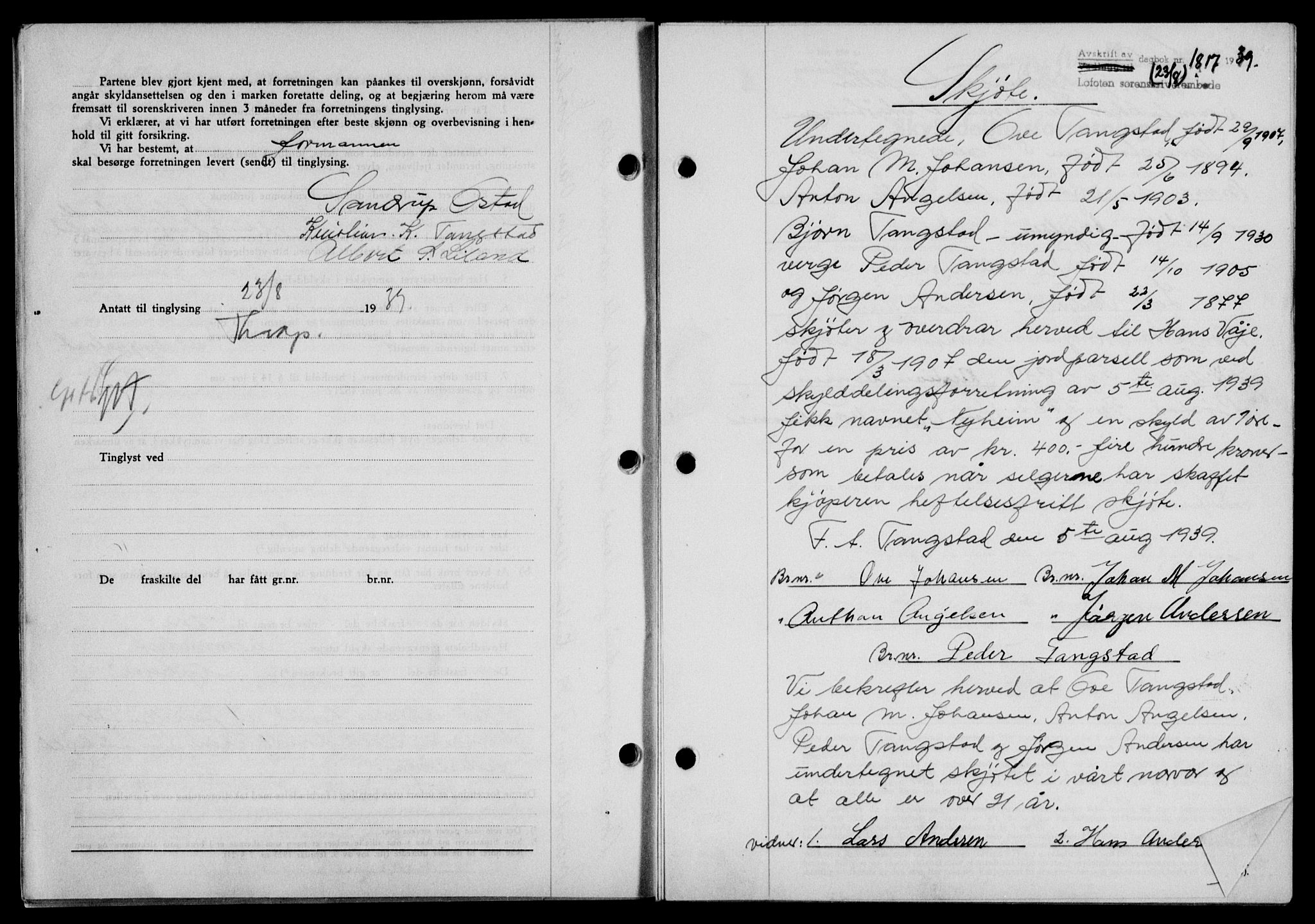 Lofoten sorenskriveri, SAT/A-0017/1/2/2C/L0006a: Mortgage book no. 6a, 1939-1939, Diary no: : 1817/1939