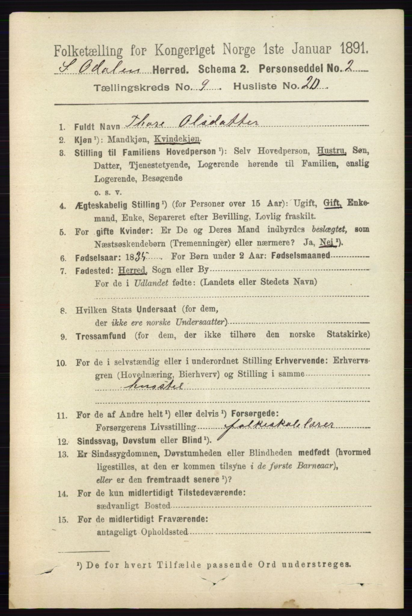 RA, 1891 census for 0419 Sør-Odal, 1891, p. 4273