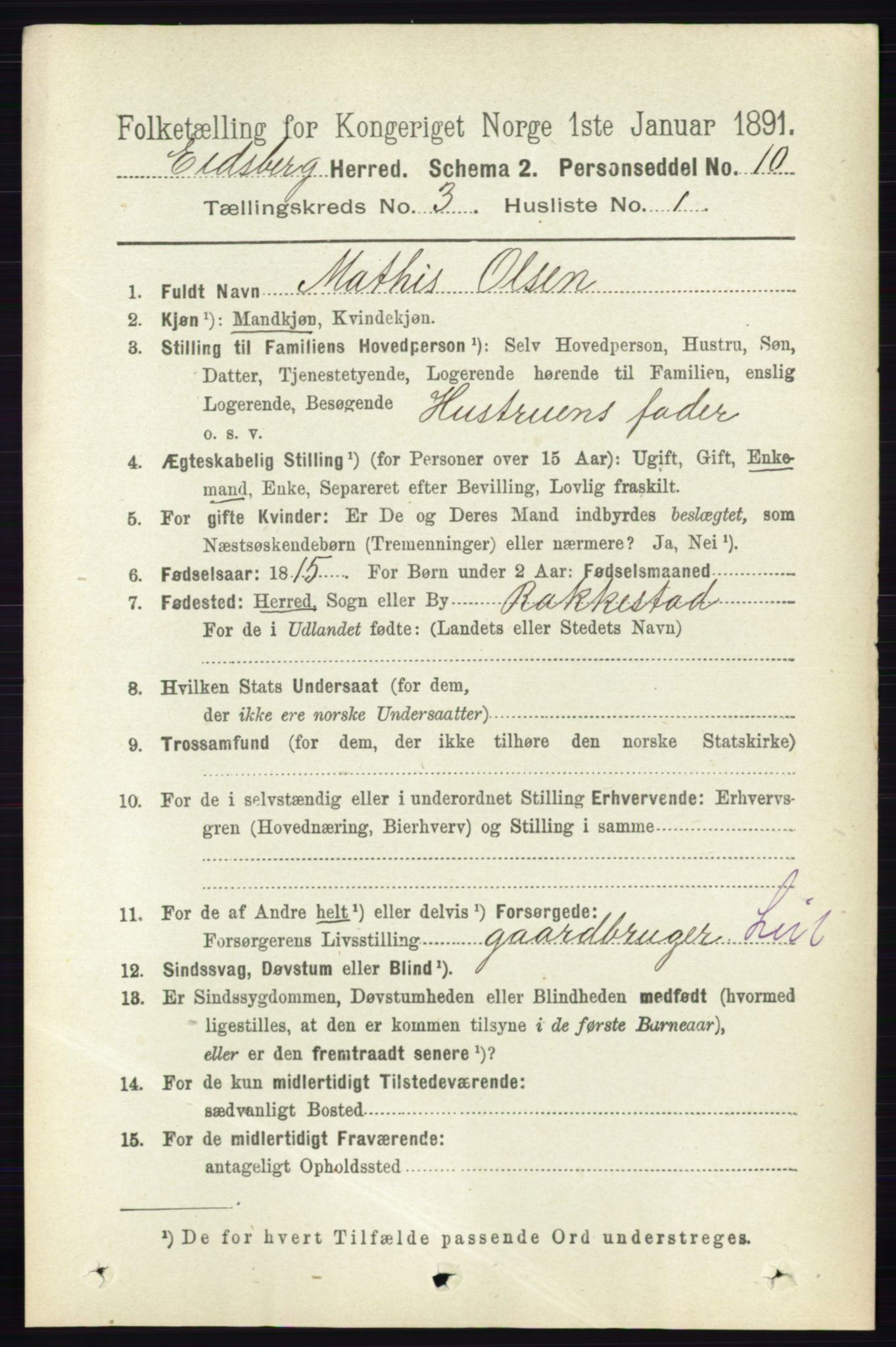 RA, 1891 census for 0125 Eidsberg, 1891, p. 1464