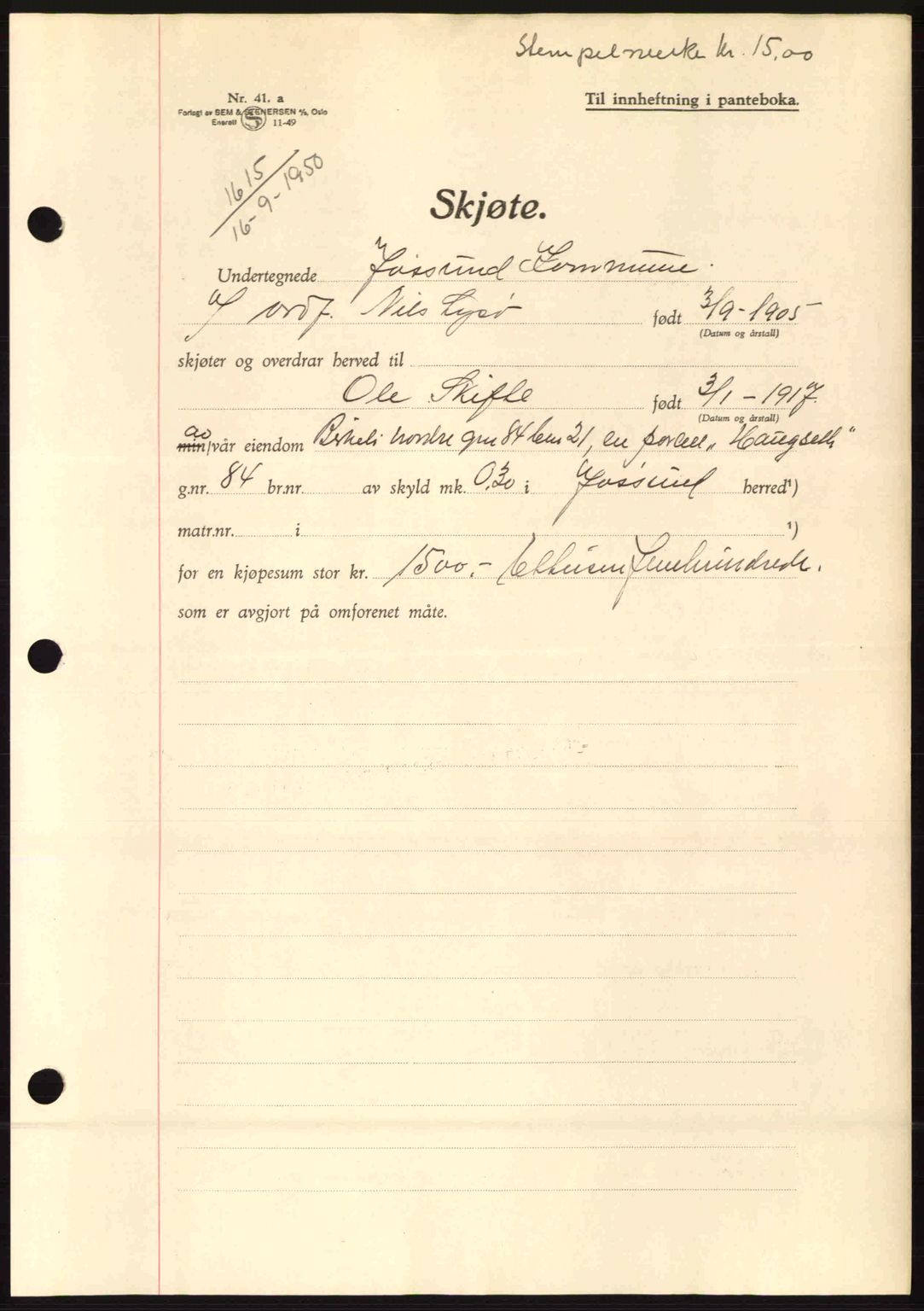 Fosen sorenskriveri, AV/SAT-A-1107/1/2/2C: Mortgage book no. A12, 1950-1950, Diary no: : 1615/1950