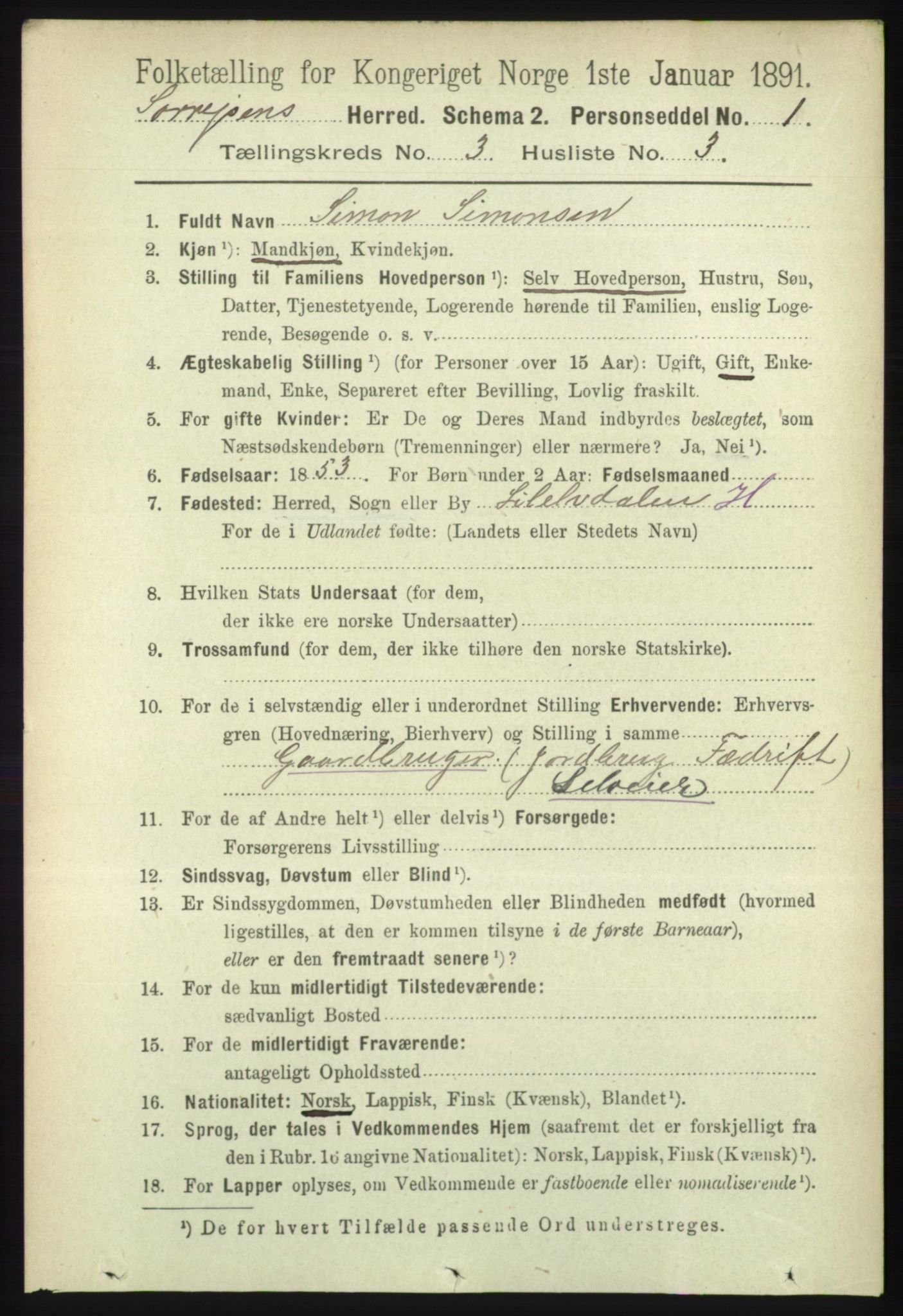 RA, 1891 census for 1925 Sørreisa, 1891, p. 698