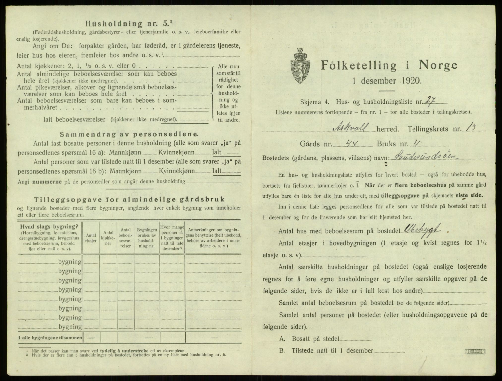 SAB, 1920 census for Askvoll, 1920, p. 719