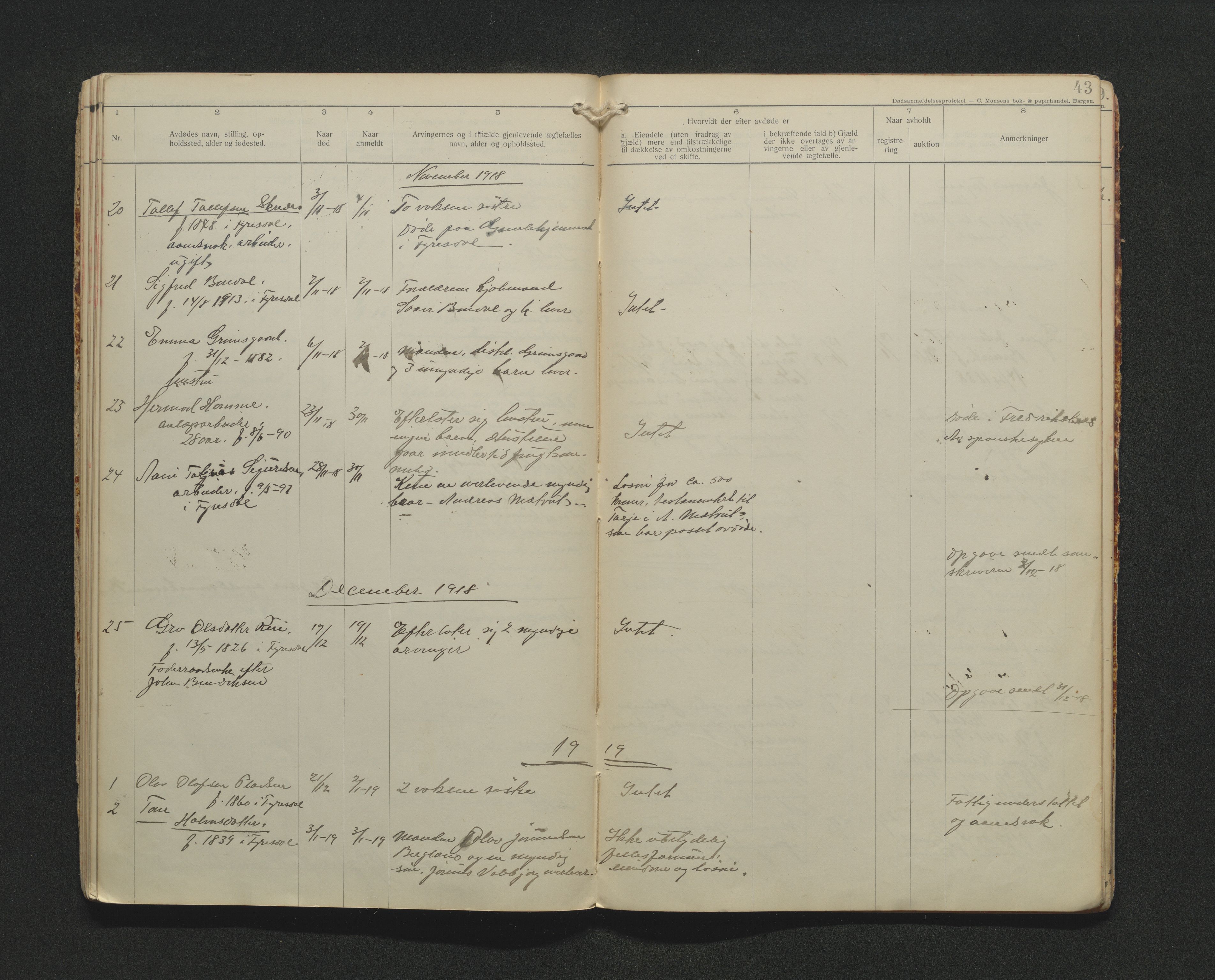 Fyresdal lensmannskontor, AV/SAKO-A-554/H/Hb/L0002: Dødsfallsprotokoll, 1911-1925, p. 43