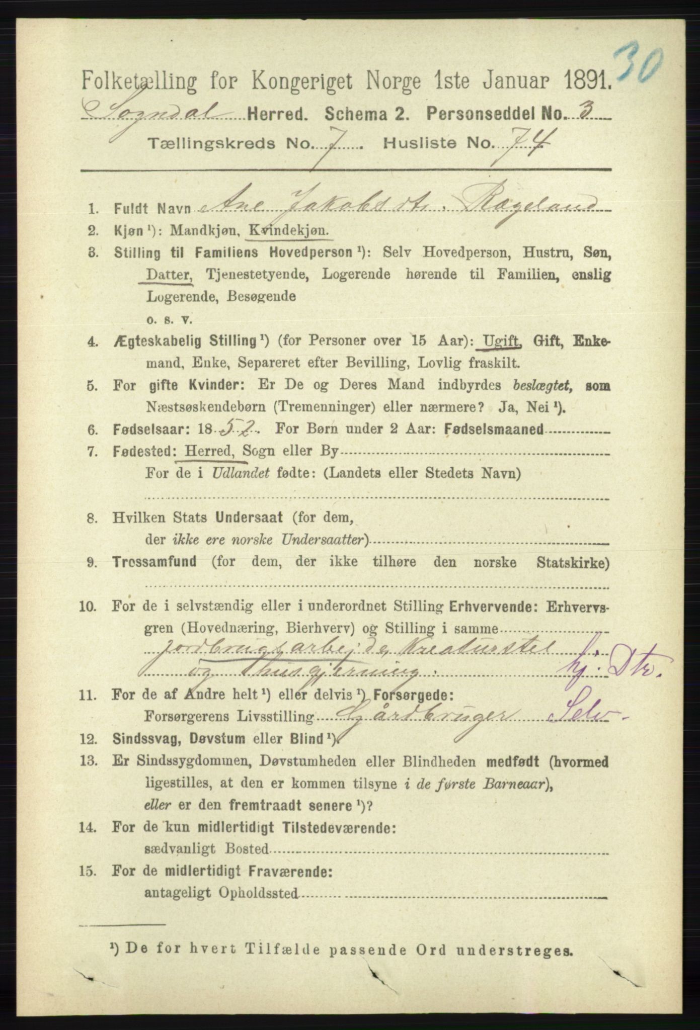 RA, 1891 census for 1111 Sokndal, 1891, p. 2586