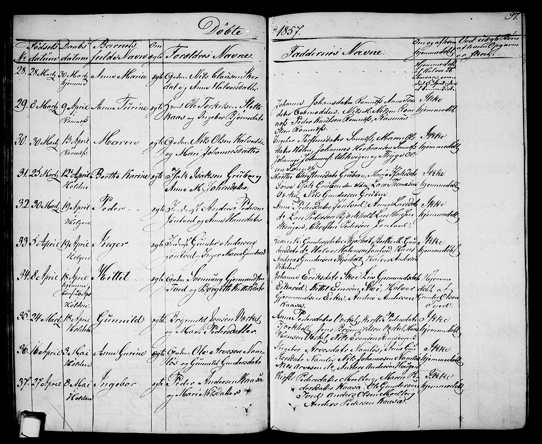 Holla kirkebøker, AV/SAKO-A-272/G/Ga/L0003: Parish register (copy) no. I 3, 1849-1866, p. 97