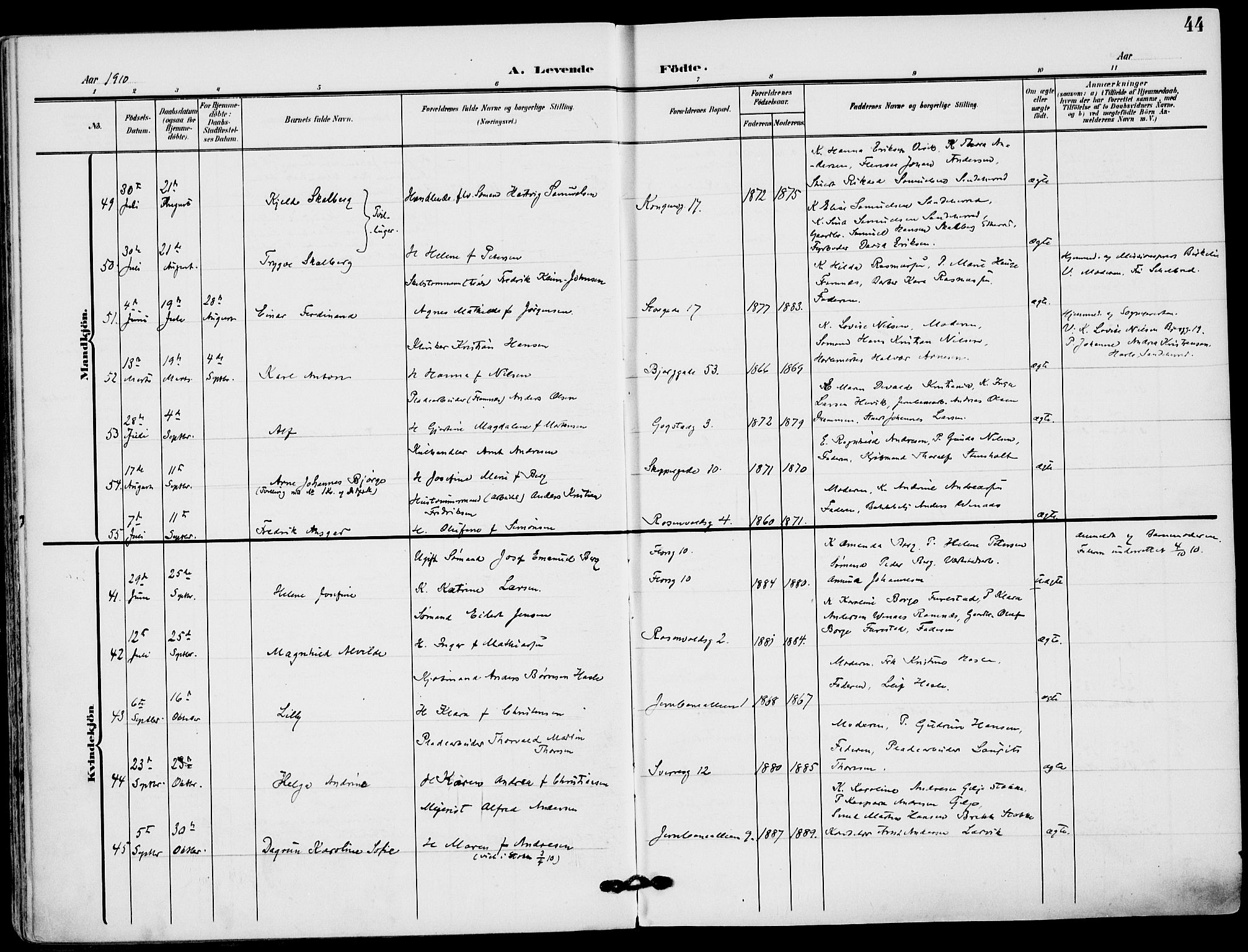 Sandefjord kirkebøker, AV/SAKO-A-315/F/Fa/L0005: Parish register (official) no. 5, 1906-1915, p. 44