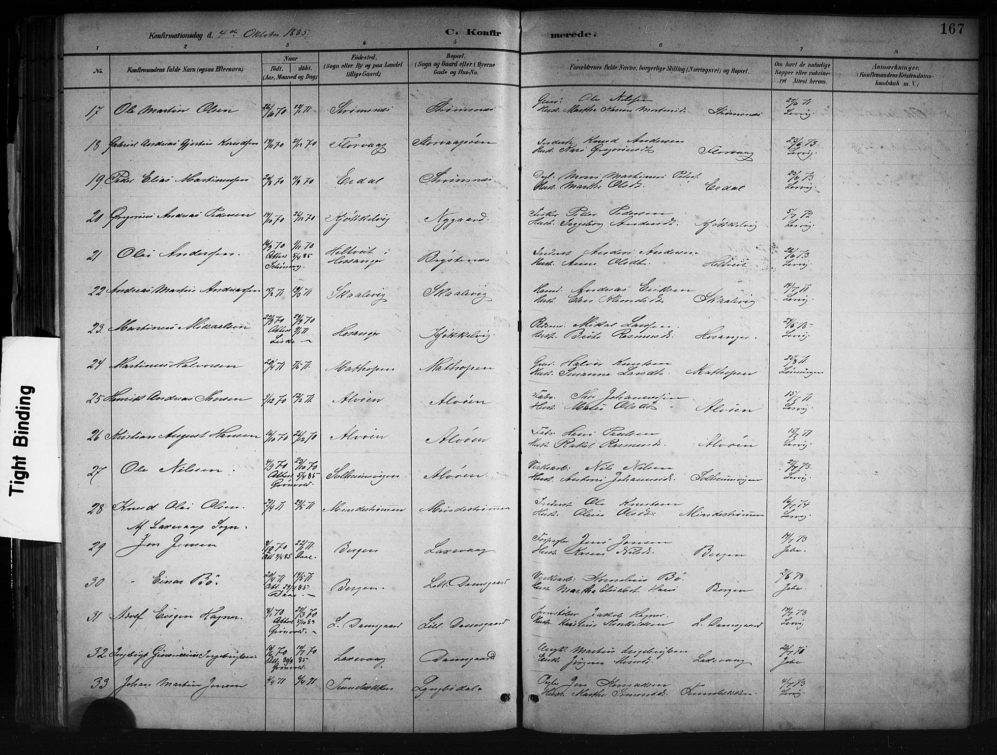 Askøy Sokneprestembete, SAB/A-74101/H/Ha/Hab/Haba/L0008: Parish register (copy) no. A 8, 1882-1893, p. 167