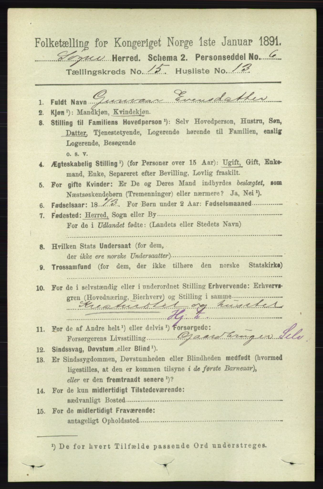 RA, 1891 census for 1018 Søgne, 1891, p. 3956