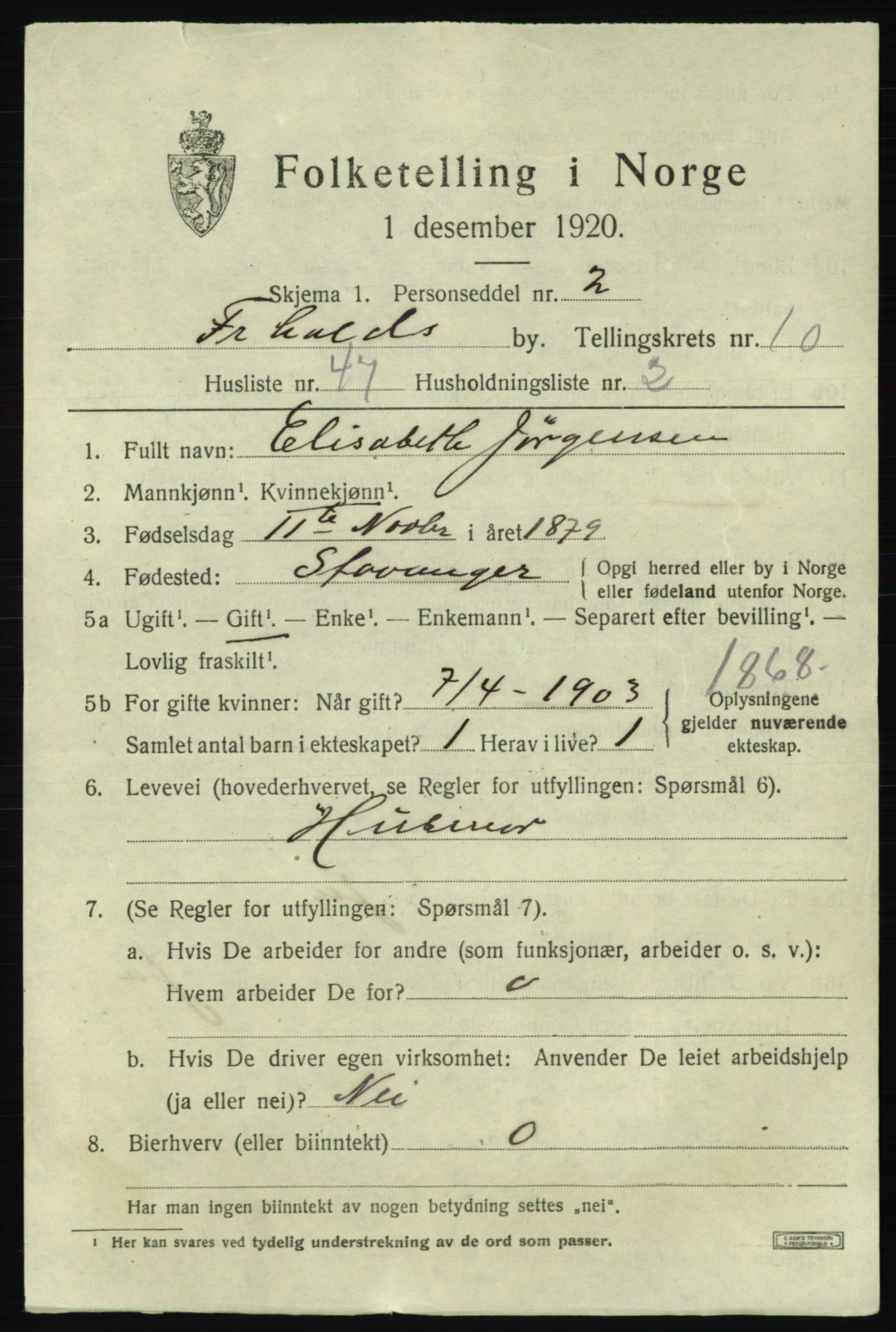 SAO, 1920 census for Fredrikshald, 1920, p. 18723