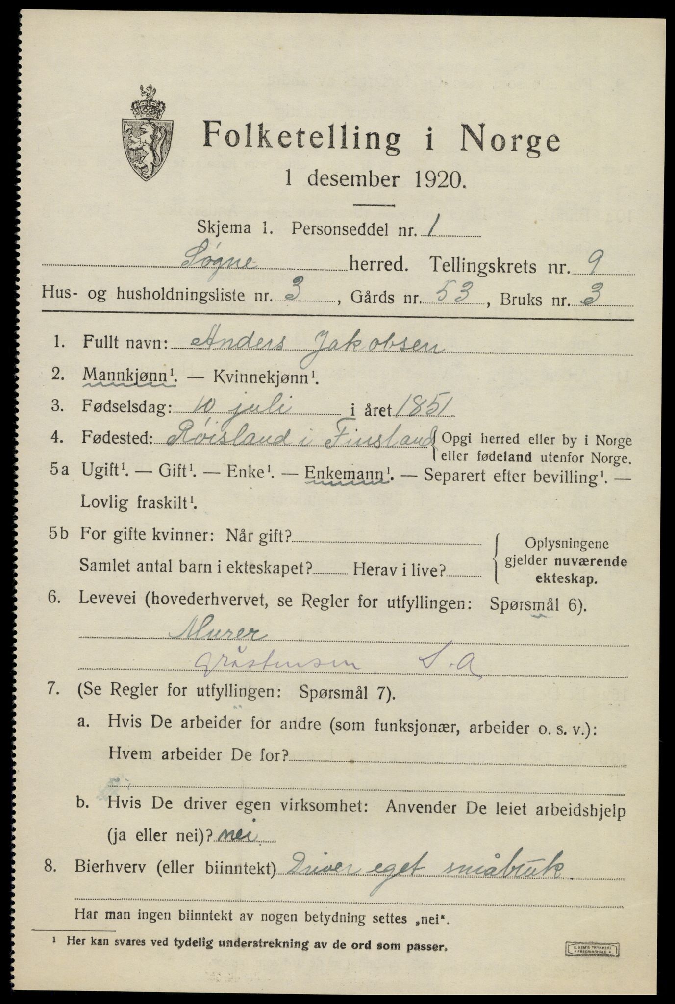 SAK, 1920 census for Søgne, 1920, p. 5319