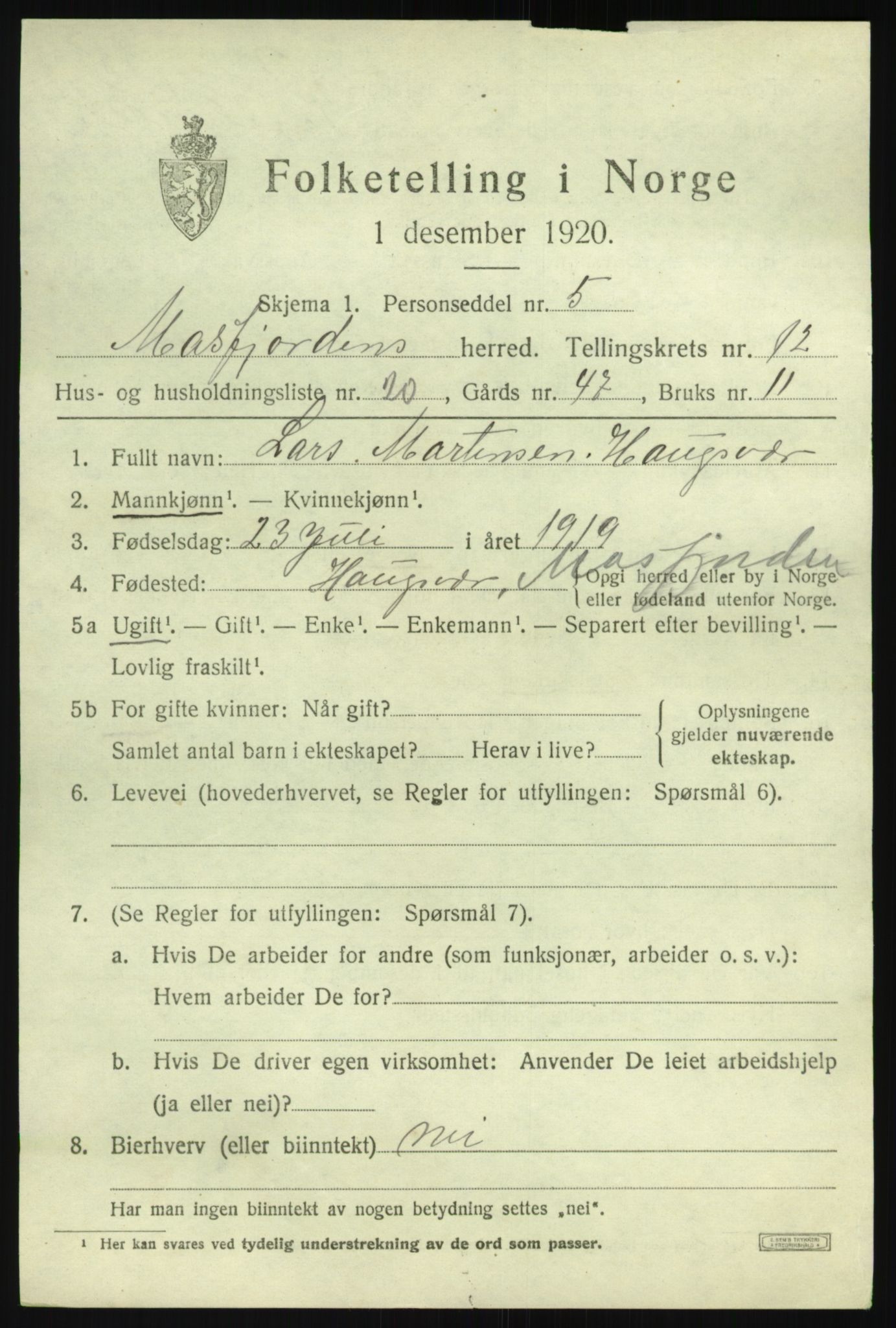 SAB, 1920 census for Masfjorden, 1920, p. 4769