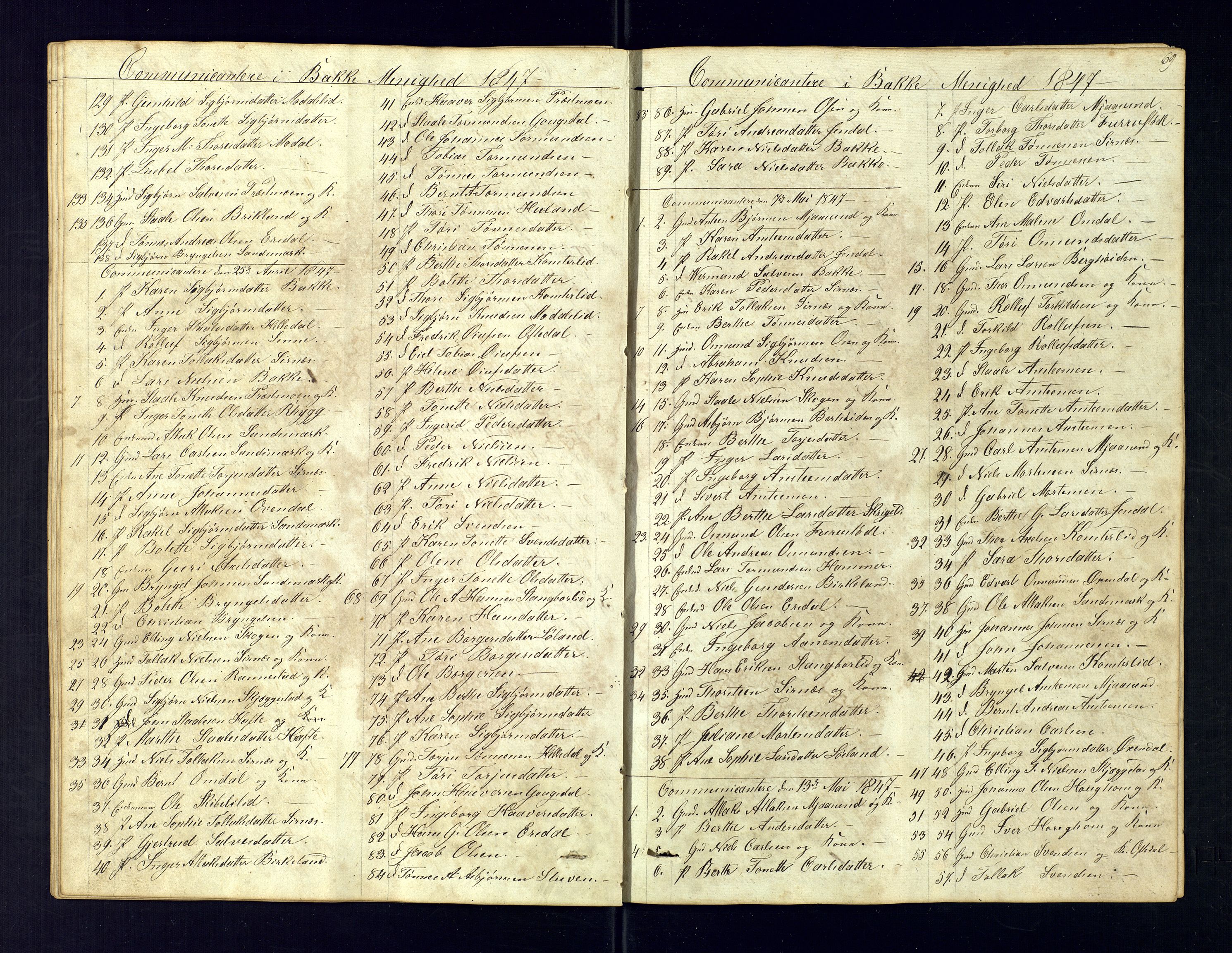 Bakke sokneprestkontor, SAK/1111-0002/F/Fc/Fca/L0004: Communicants register no. C-4, 1838-1861, p. 69