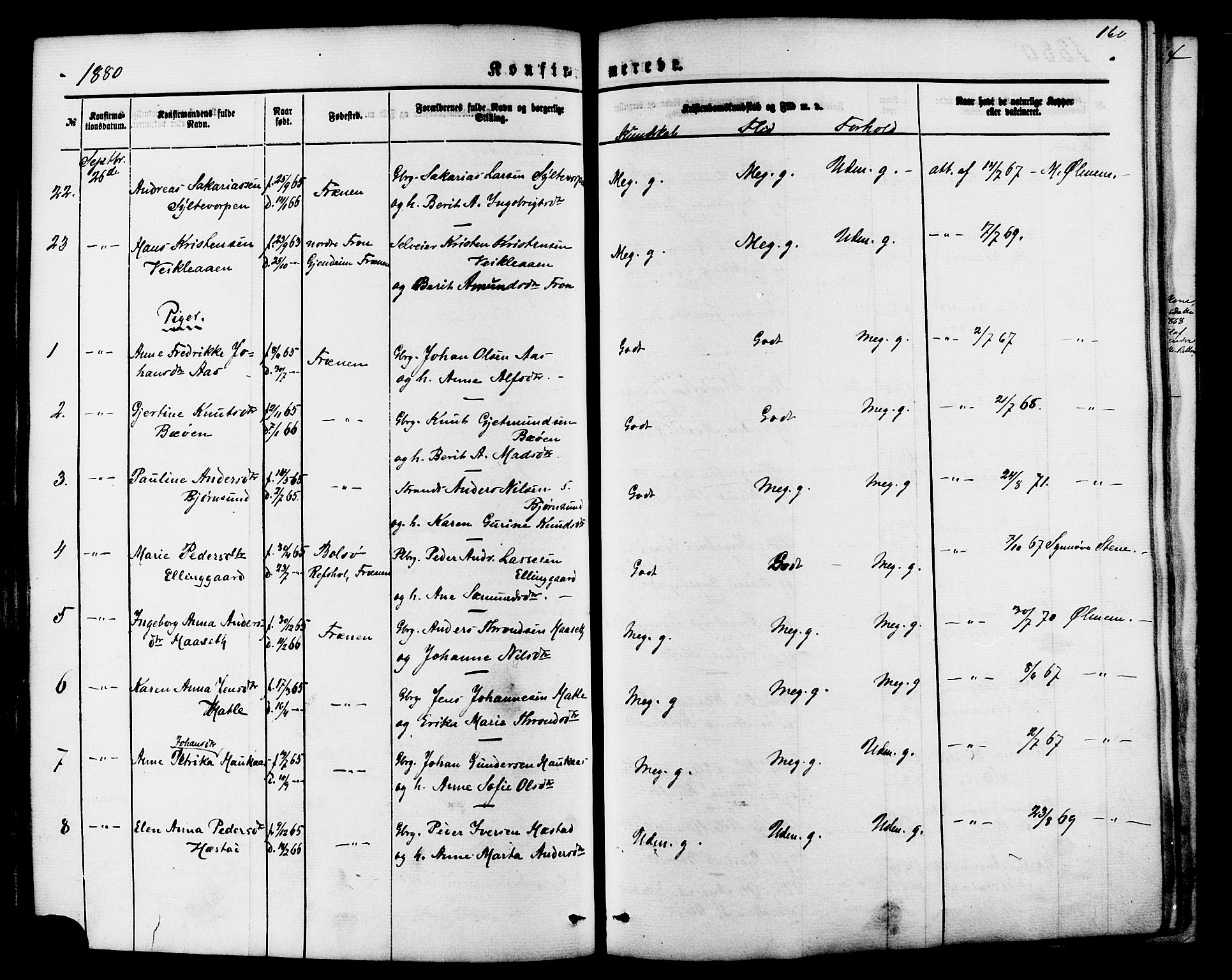Ministerialprotokoller, klokkerbøker og fødselsregistre - Møre og Romsdal, SAT/A-1454/565/L0749: Parish register (official) no. 565A03, 1871-1886, p. 160